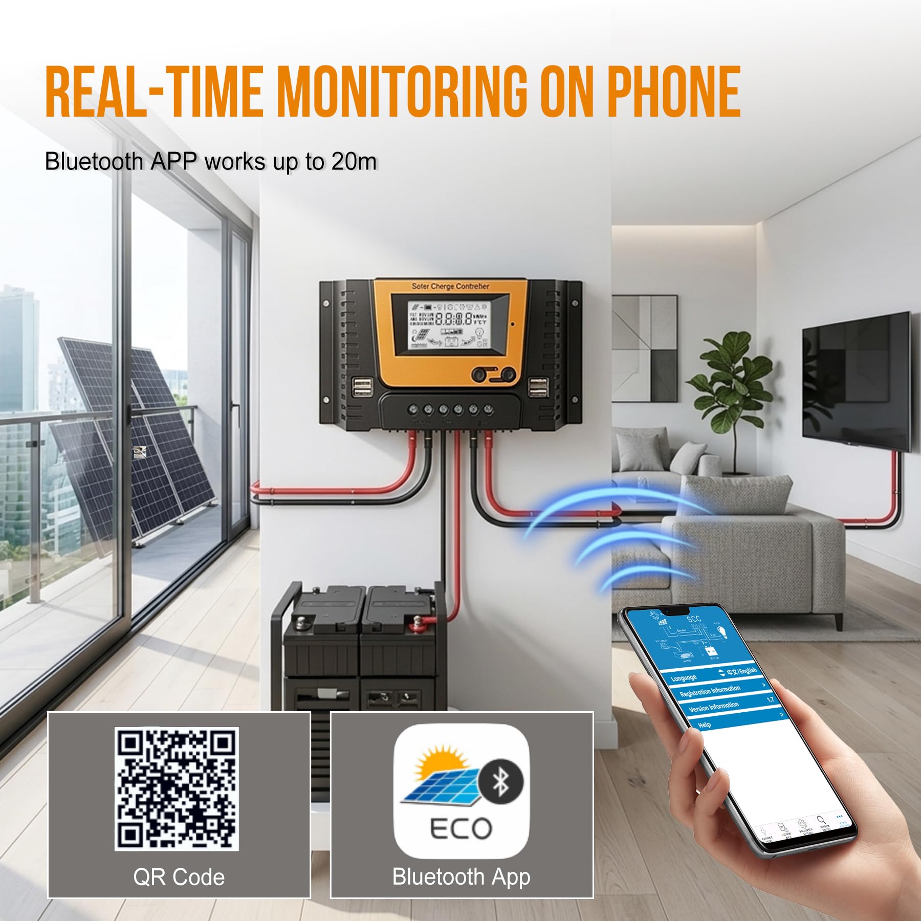 30A Contrôleur de Charge Solaire Avec Bluetooth, PWM 30A 12V 24V 36V 48V Régulateur Charge Solaire avec Capteur Température, Rétroéclairé LCD Écran, 4 ports USB, pour LI SLD FLD GEL AGM Batteri