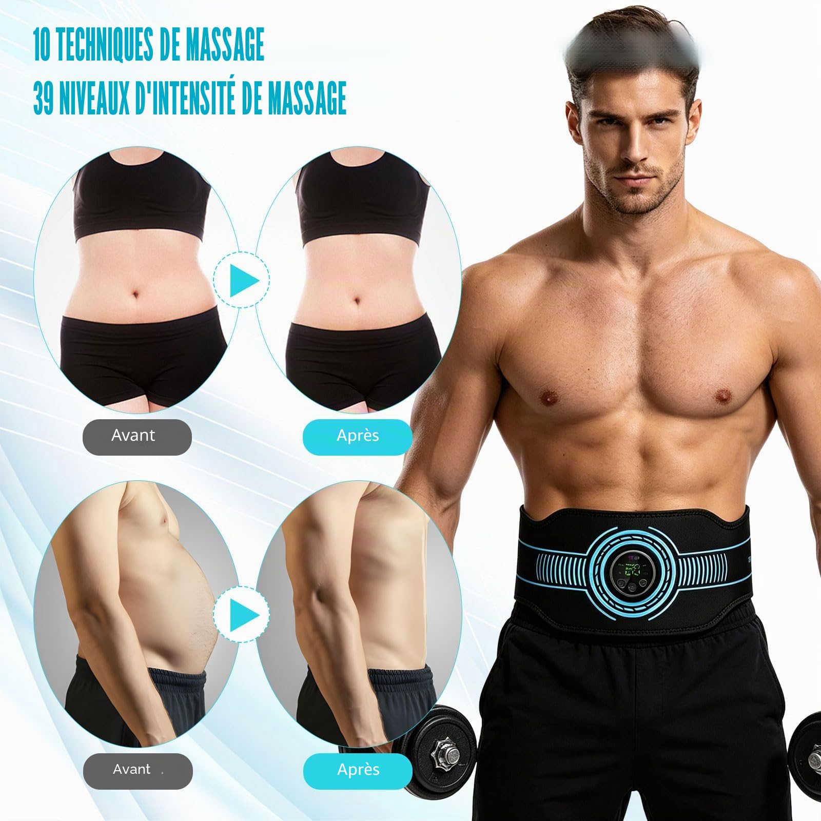 Ceinture Abdominale Electrostimulation, Ceinture Abdominale EMS, Doté de 10 Modes Et 39 Niveaux D'Intensité, Electrostimulateur Musculaire,USB Rechargeabl, Convient Aussi Bien Aux Hommes Qu'aux Femmes