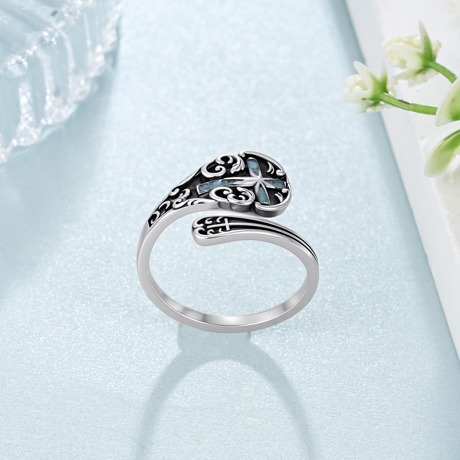 Spoon Rings for Women 925 Sterling Silver Turquoise Cross Adjustable Ring Thumb Ring Vintage Turquoise Spoon Jewelry for Women