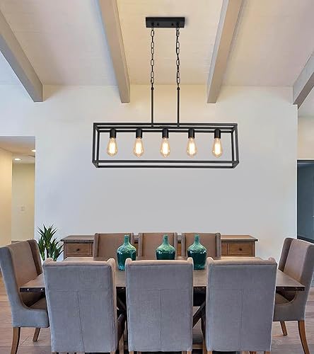 Miniatura 7 de AMZASA Lámpara rectangular negra para isla de cocina, lámpara industrial rectangular moderna para comedor 5 luces lineal vintage jaula luminarias UL