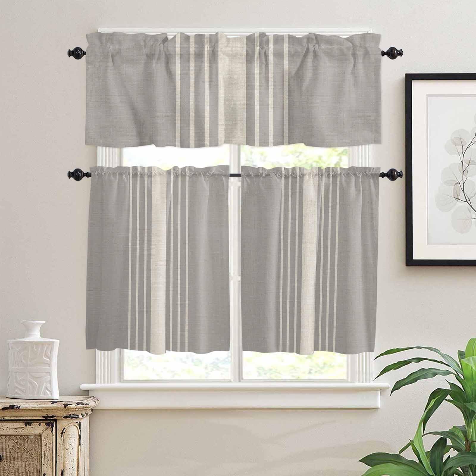 Beige Striped Kitchen Curtains 36 Inch Length,3 Piece Rod Pocket Small Half Tiers and Valance Set,Grey Geometric Minimalist Modern Artwork Small Large Window Treatment Decor for Bedroom/Bathroom Sink