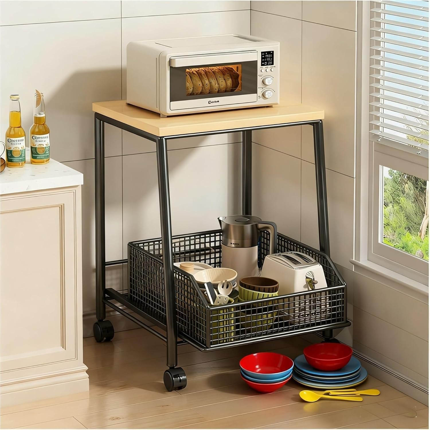 Rolling Kitchen Cart with Wheels, Compact Microwave Stand with Pull-Out Drawer & Basket, Mobile Organizer for Coffee Maker, Toaster, Supplies in Kitchen, Office, Dorm(Black,14.57x10.24in)