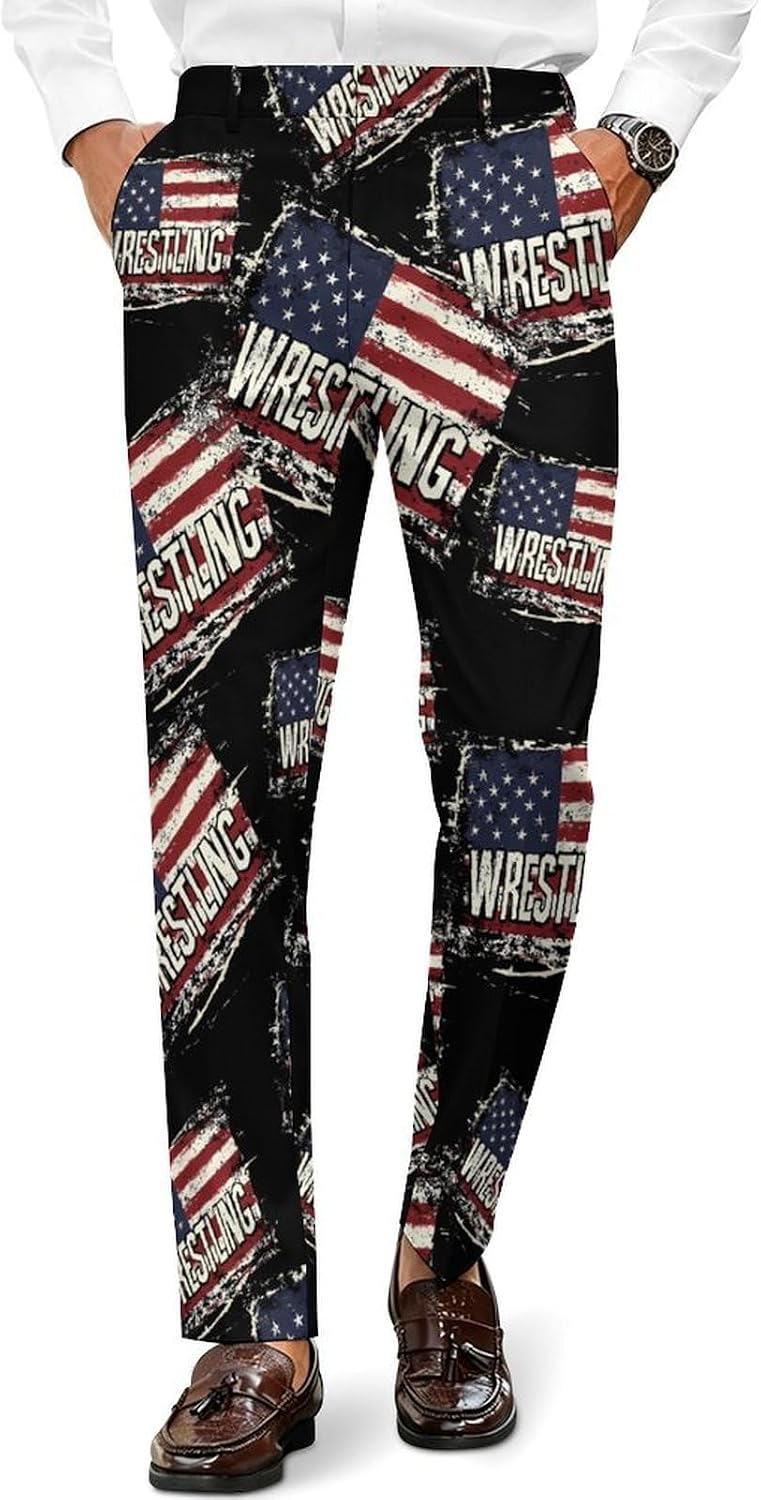 Vintage Wrestling U.S.A Flag Men's Classic Fit Suit Pants Straight Leg Design Printed Trousers