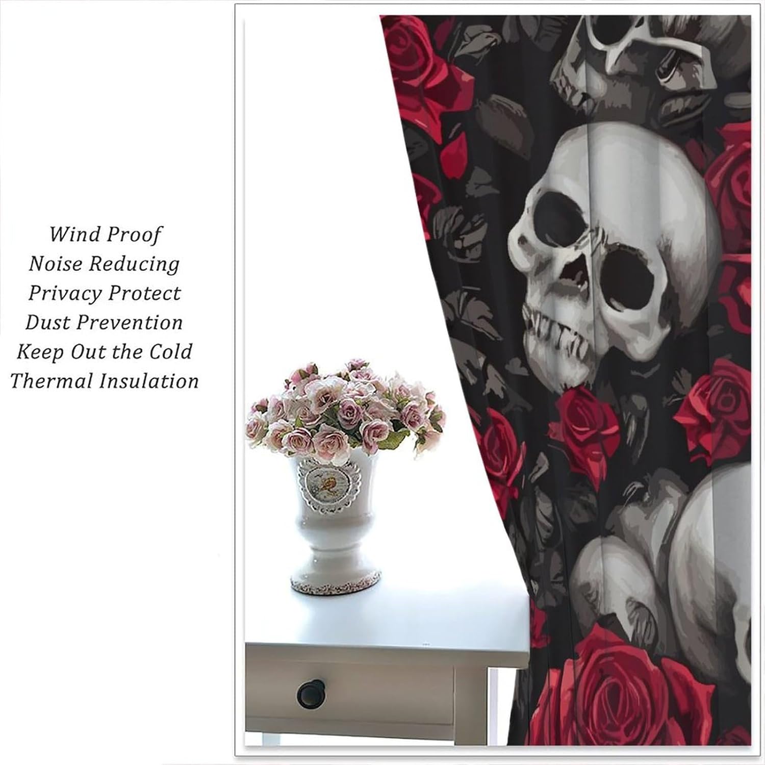 Skull Curtains Rose Flowers Vintage Wildflowers Halloween Theme Scary Curtain with Rod Pocket for Bedroom Living Room Home Decor Drapes Window Treatments 2 Panels Set 42" W X 45" L