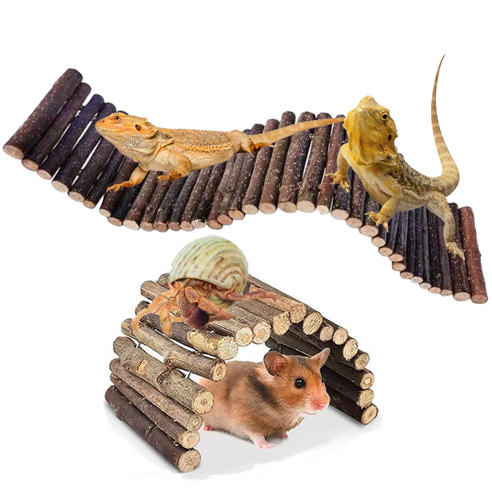 2 PCS Reptile Hideout Bendable Wooden Bridge, Reptile Accessories Hideout Climbing Toys Tortoise Hide Bearded Dragon Hide Reptile Tank Habitat Decor for Small Animal Exploration