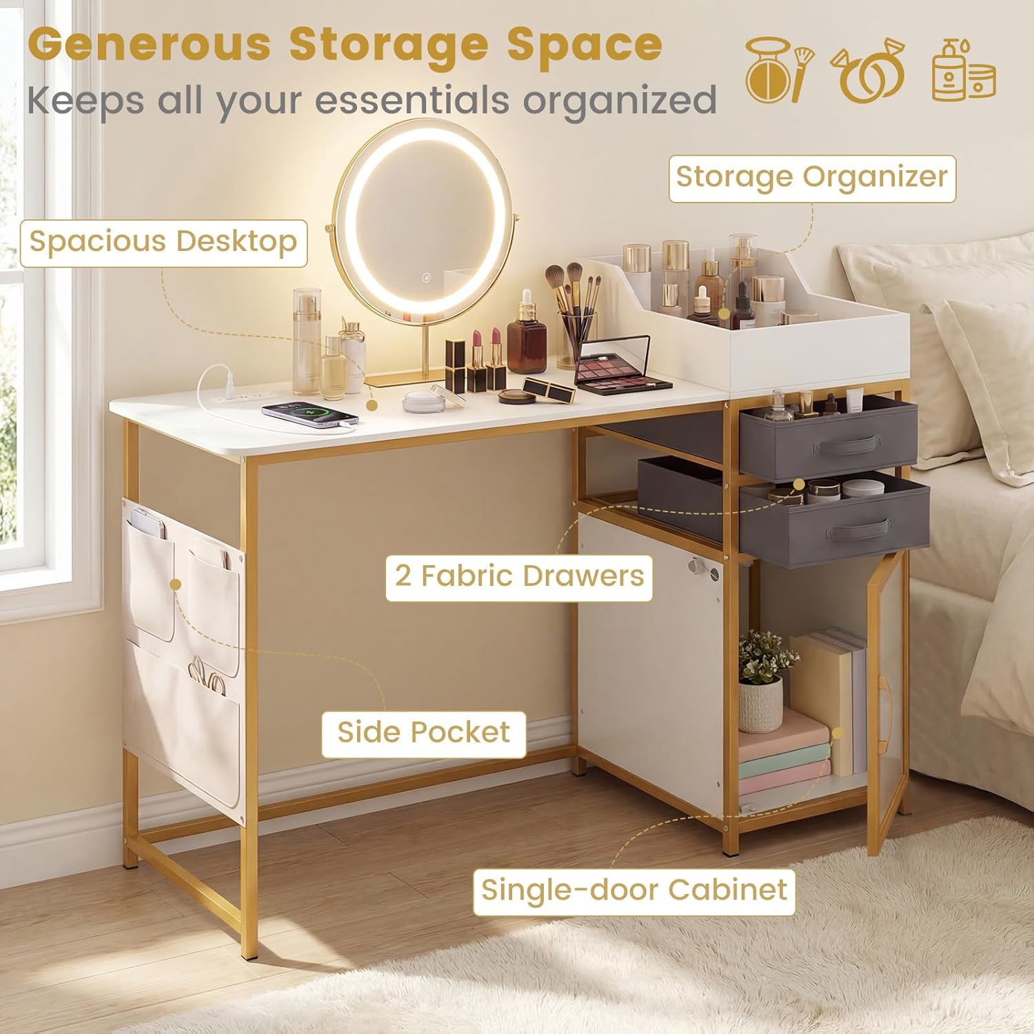 LOKO Vanity Desk with Rotatable Lighted Mirror, 55" Makeup Vanity Table with Charging Station, 3-Color Lighting & Sensor Cabinet Light, Dressing Table Set with Storage Stool, Fabric Drawers & Organiz