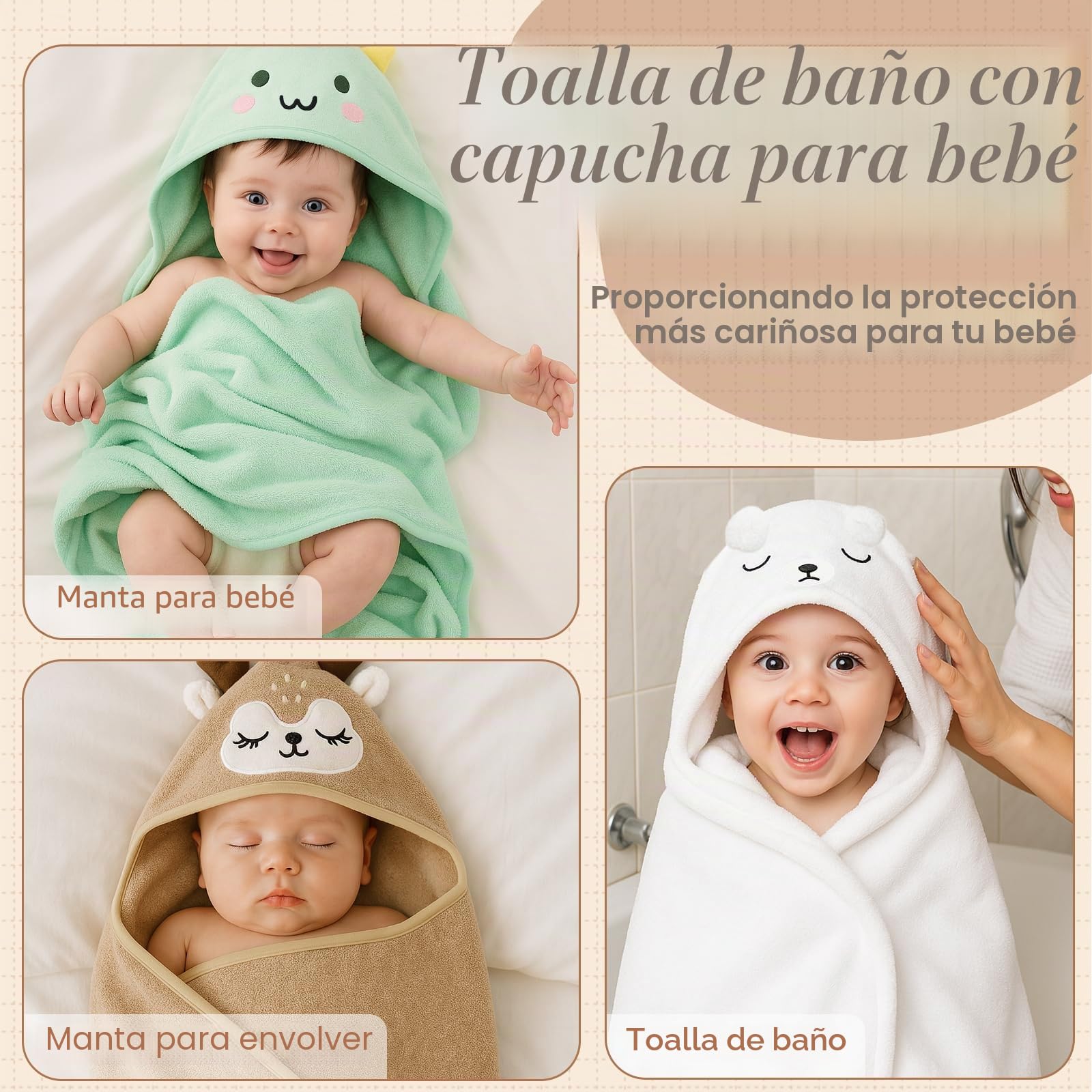 kaiyaya 3 Piezas Toalla Bebe Recien Nacido 80 x 80cm Toallas Bebe con Capucha, Suave y Súper Absorbente Toalla Baño Bebes para Piscina, Playa, Después de Ducharse o Bañarse