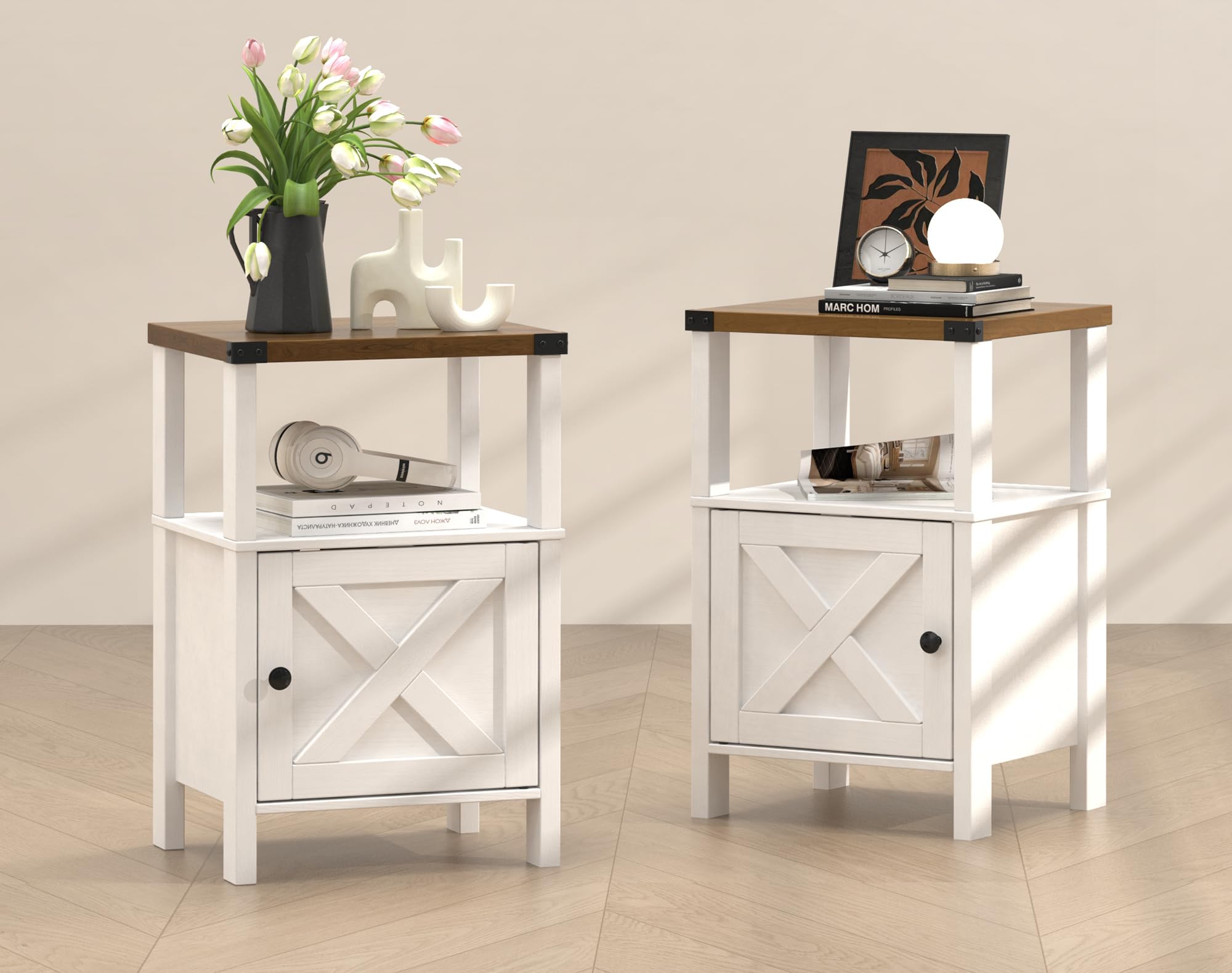 Farmhouse End Table Set of 2, Rustic Vintage Nightstands with Barn Door and Storage Shelf, White Wood End Side Table for Bedroom, Living Room,White