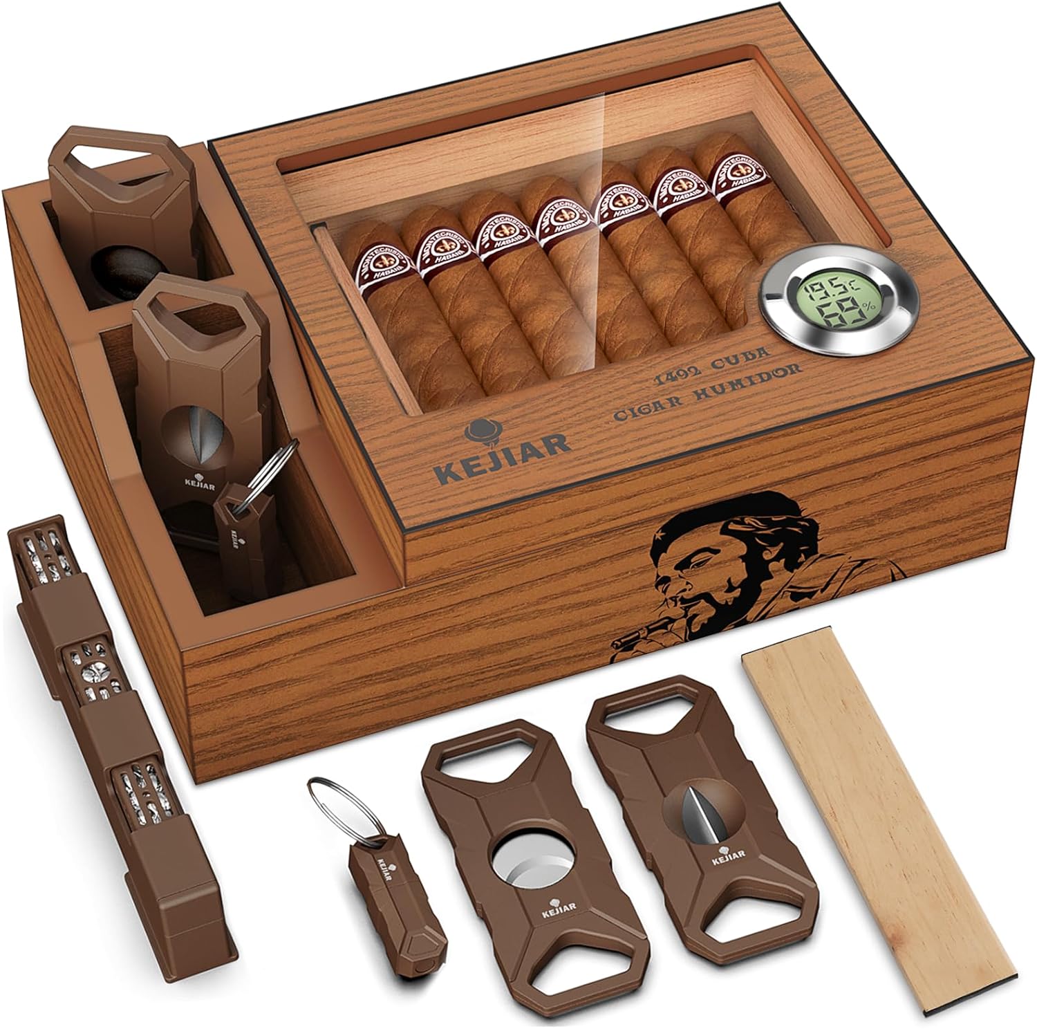 Cigar Humidor, Glass Top Cedar Desktop Cigar Humidors Case with 2 Side Humidor Accessories Boxes with Cigar Cutter, Hole Punch, Humidifier, and Digital Hygrometer Cigar Set, Cigar Gifts for Men