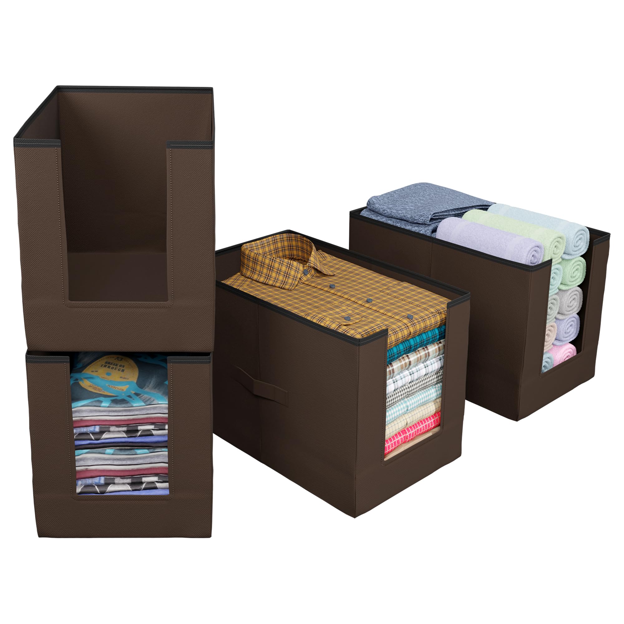 Kuber Industries Shirt Organizer for Wardrobe|Foldable Non Woven Shirt Stacker|Designer Cupboard Organizer for Clothes |Clothes Storage box|Pack of 4 (Black)