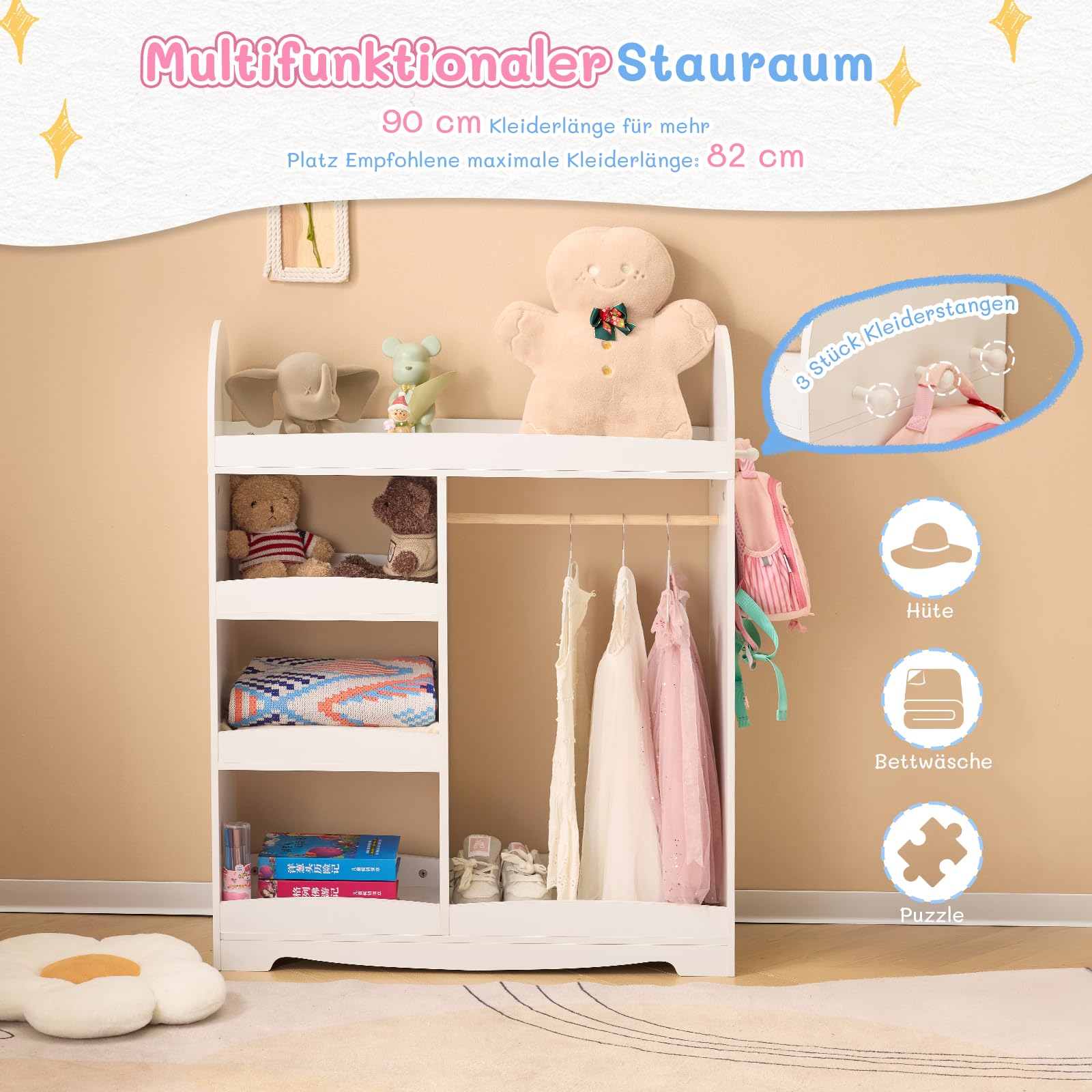LALAHO kinderkleiderschrank，kleiderschrank kinderzimmer，kleiderschrank Kinder，kindergarderobe mit ablage，mit 3 Haken＆mit 5 offener Ablagen, Kinder Kleiderständer für Kinderzimmer（Weiß）