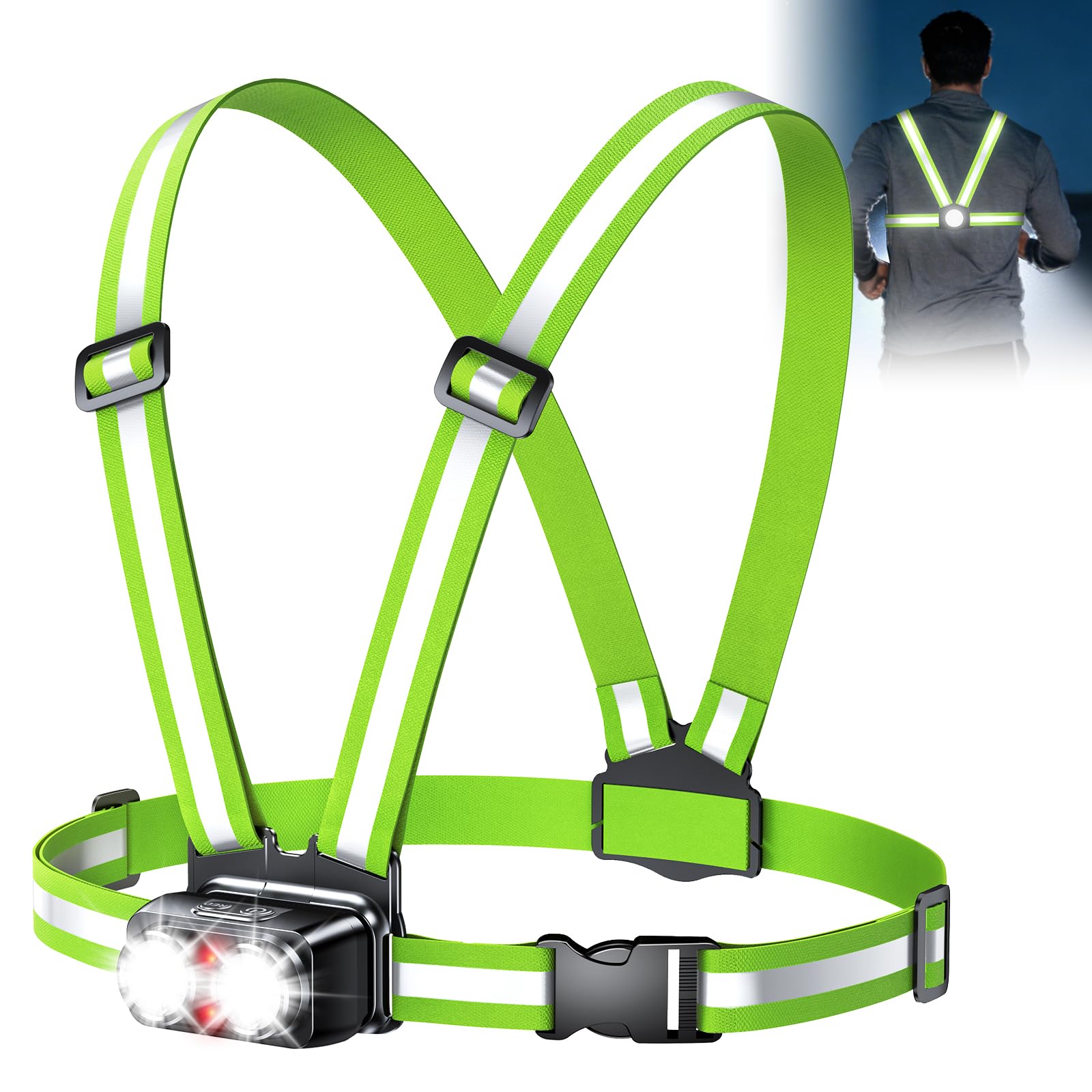 EOIWUY 800 Lumen Ultraleuchtstarkes Lauflampe Joggen mit Rücklicht, 7+2 Lichtmodi Lauflicht, 45° Lichtstrahl & 360°-Reflektorband Brustlampe, IPX4 Wasserdicht, USB Aufladbar, Laufzeit 4-25 Stunden