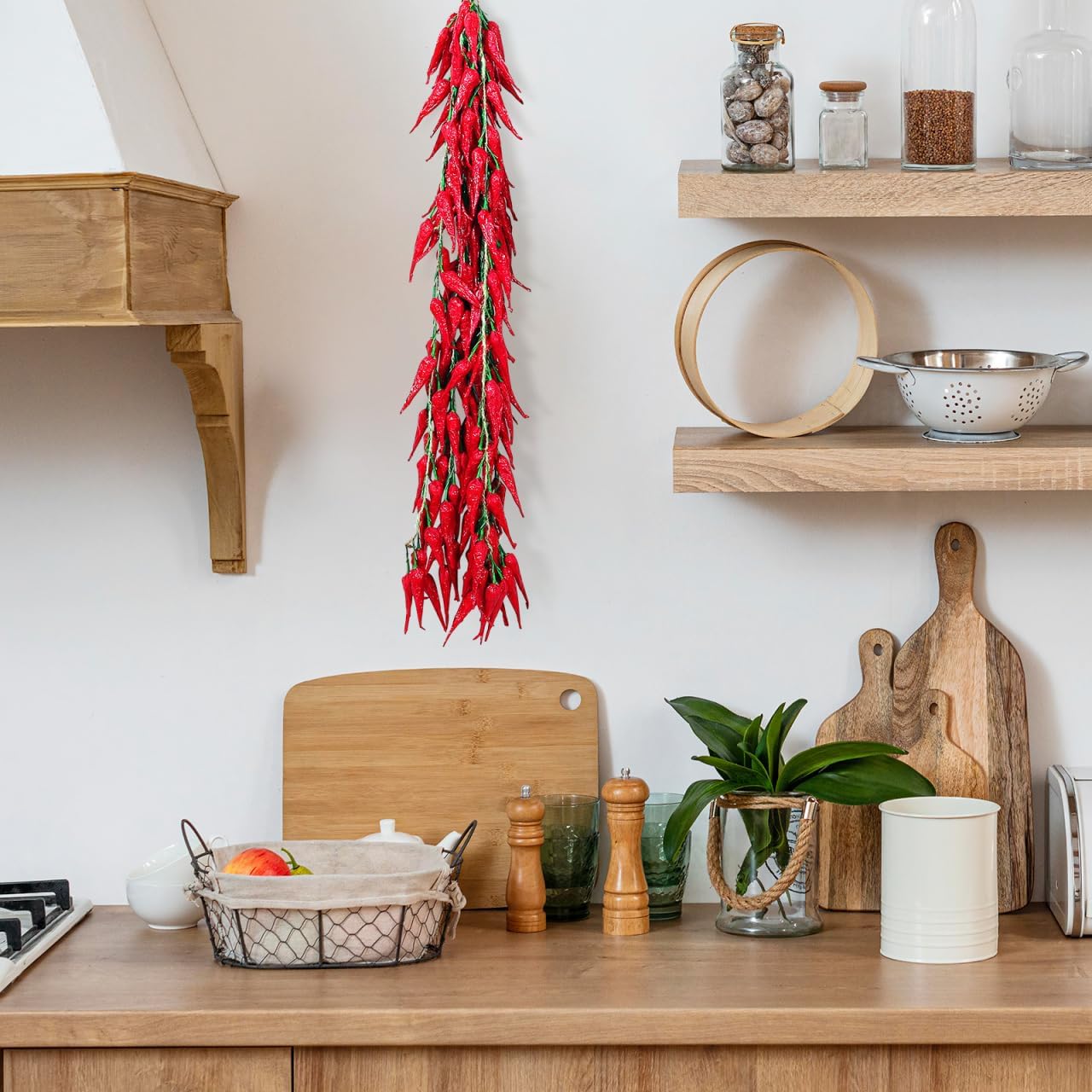 Happyyami Artificial Pepper String Lifelike Red Chili Pendant Dry Chili Garland for Kitchen Home Restaurant Party Decoration 22.83X2.95X0.39In Set of 5