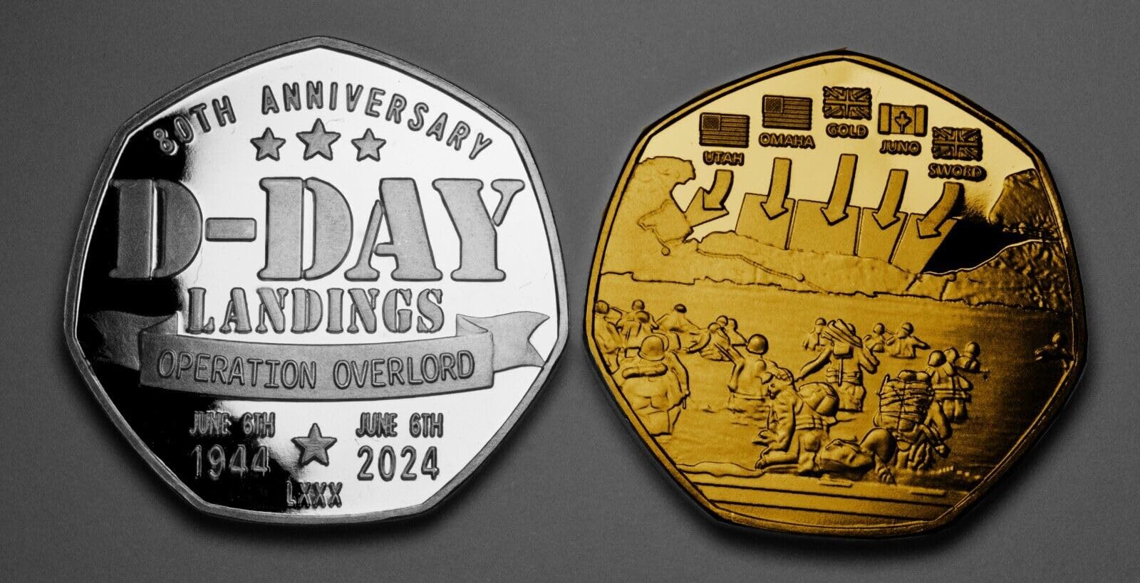 The Commemorative Coin Company Pair of D-DAY LANDINGS 80th Anniversary Commemoratives. 1944-2024. Operation Overlord WW2 Normandy World War Two. 24ct Gold and .999 Silver Finish.