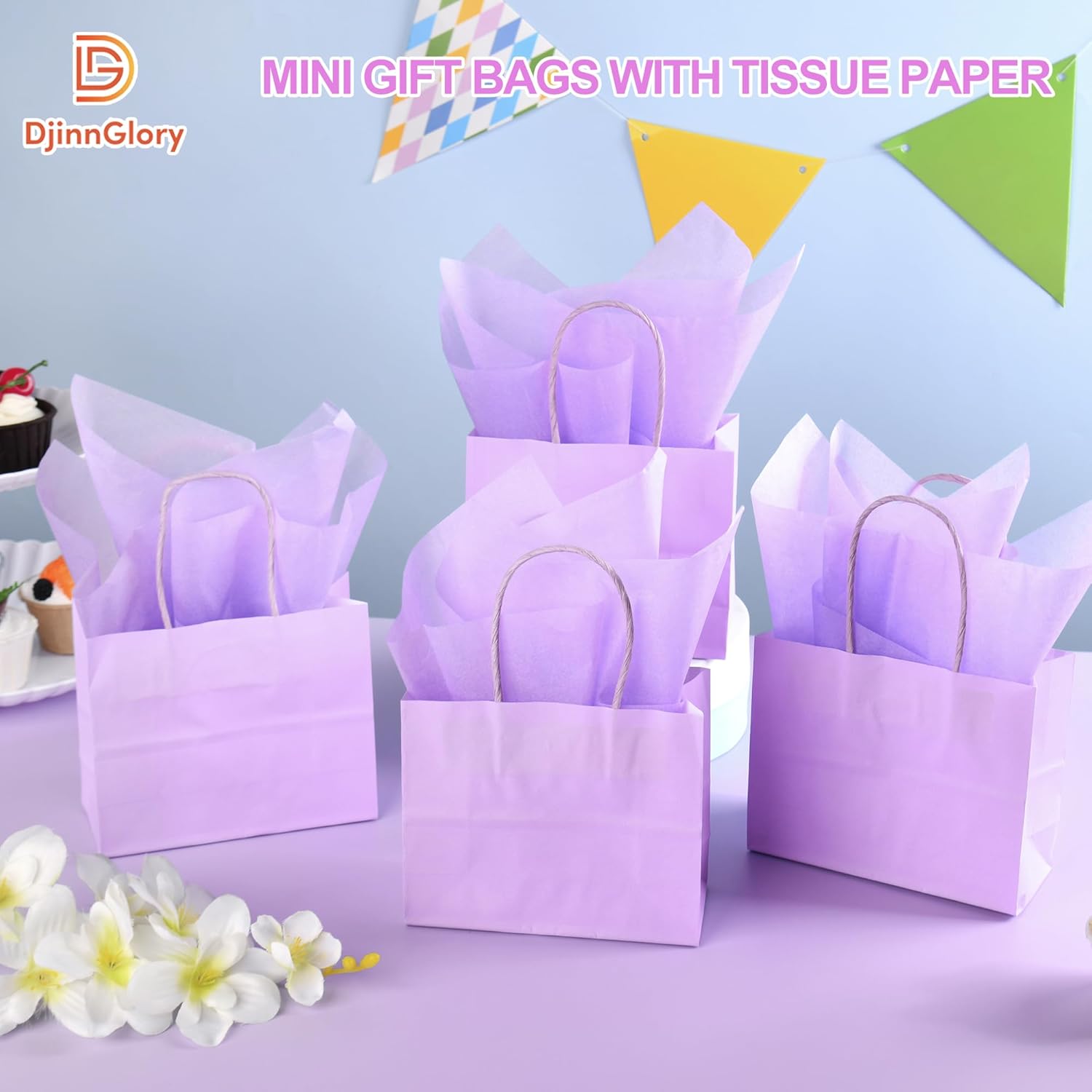 DjinnGlory 24 Pack Mini Tiny Small Lavender Purple Paper Gift Bags with Handles 6x5x2.5 Inch and 24 Tissue Paper for Merchandise Wedding Baby Shower Birthday Party Favors Goodies - Image 2