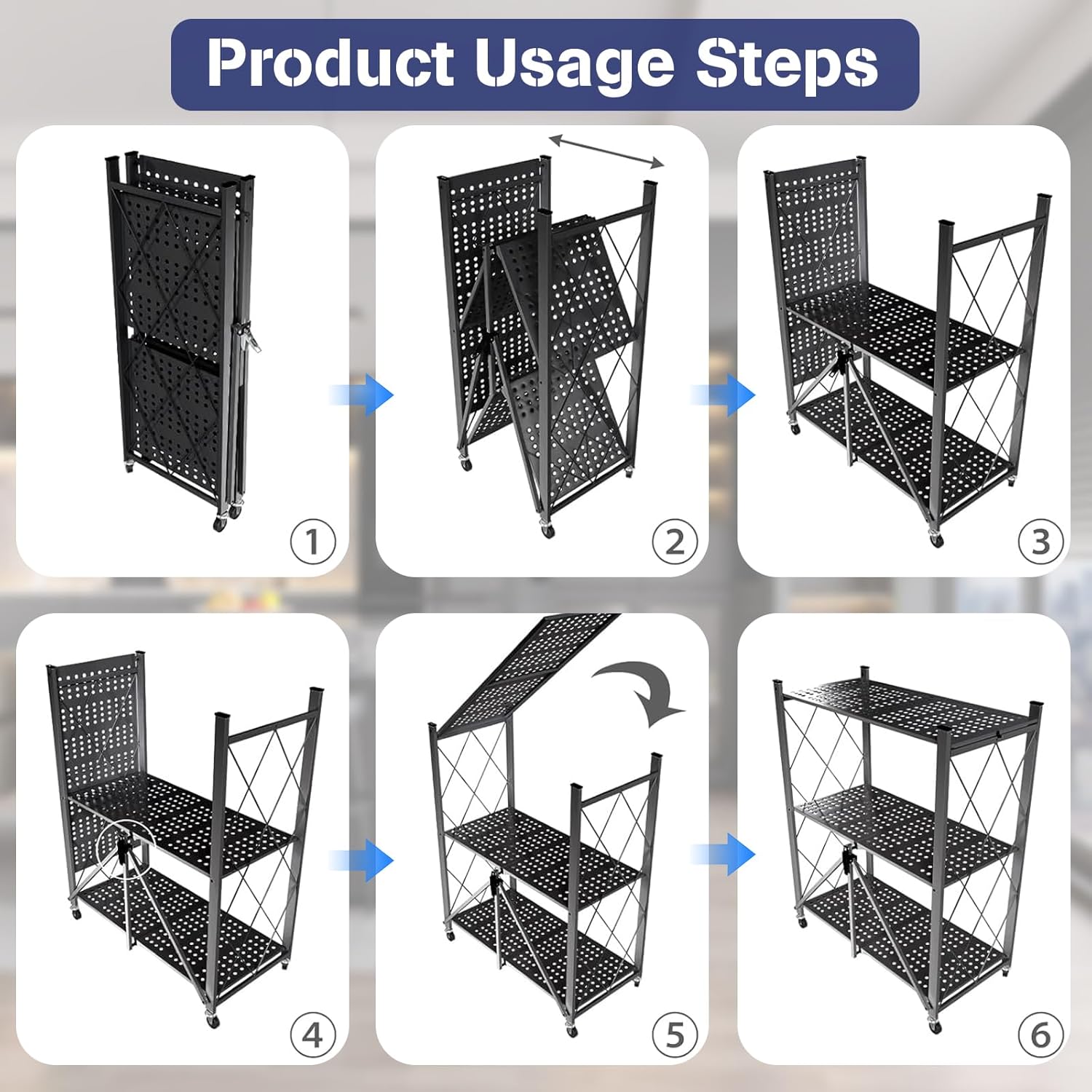 Metal Storage Rack, 3 Tier Foldable Storage Shelves with Wheels, No Assembly Portable Metal Shelving, Collapsible Rolling Standing Shelf Units for Garage, Kitchen, Pantry, Black