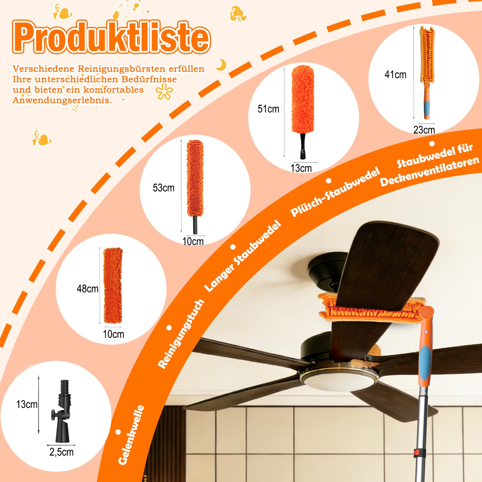 LAANPOLE 6M Staubwedel Teleskop Waschbar, Spinnwebenbesen mit Teleskopstiel, Staubwedel lang mit austauschbarem Reinigungstuch zum Reinigen von Deckenventilatoren, Decken, Lücken