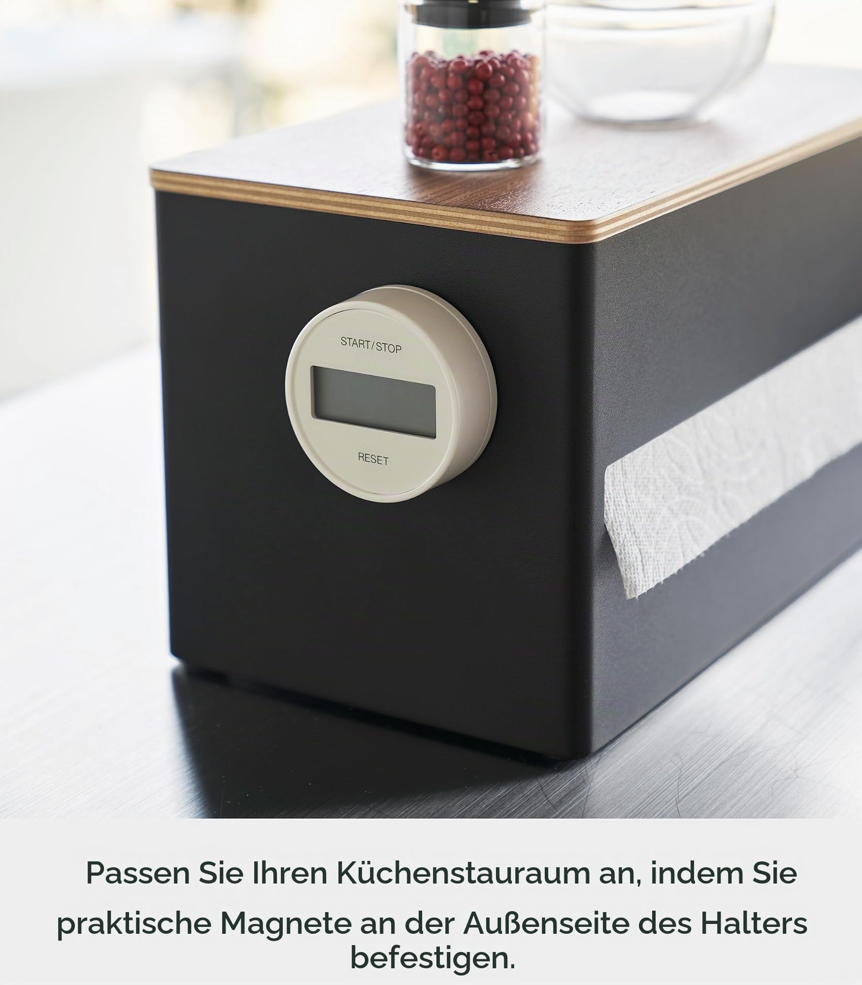 Yamazaki 1644 RIN Küchenrollenhalter, schwarz, Stahl/Holz/Silikon, minimalistisch, 16,2 x 31,2 x 17 cm