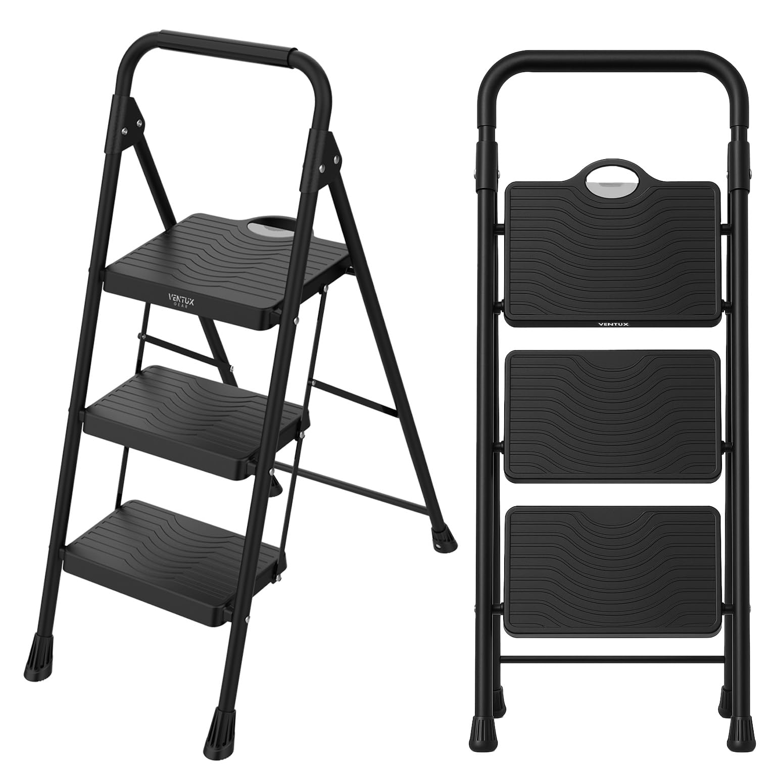 Escalera Plegable 3 Peldaños Antideslizante 150 kg – Altura 103,5 cm – Acero Negro – Bloqueo Seguridad – Uso Doméstico