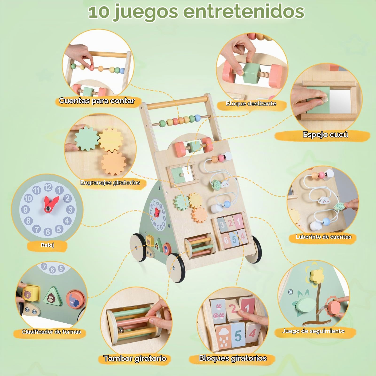 FANTASK Andador de madera para bebé a partir de 1 año, andador con tabla de actividad, ruedas y cesta de almacenamiento, centro de actividades Montessori