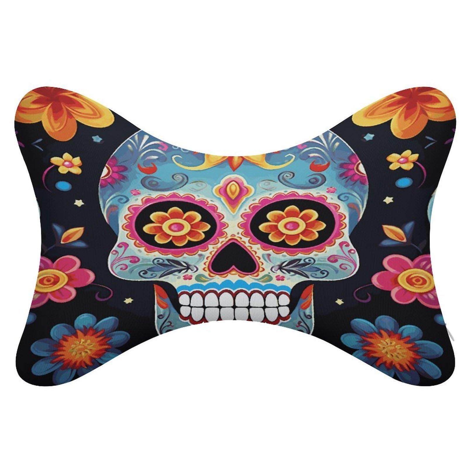 FekiLoot Sugar Skulls Car Headrest Set of 2,Softness Memory Foam Car Neck Pillow with Breathable Removable Cover Car Neck Support Pillow Ergonomic for Driving, Office