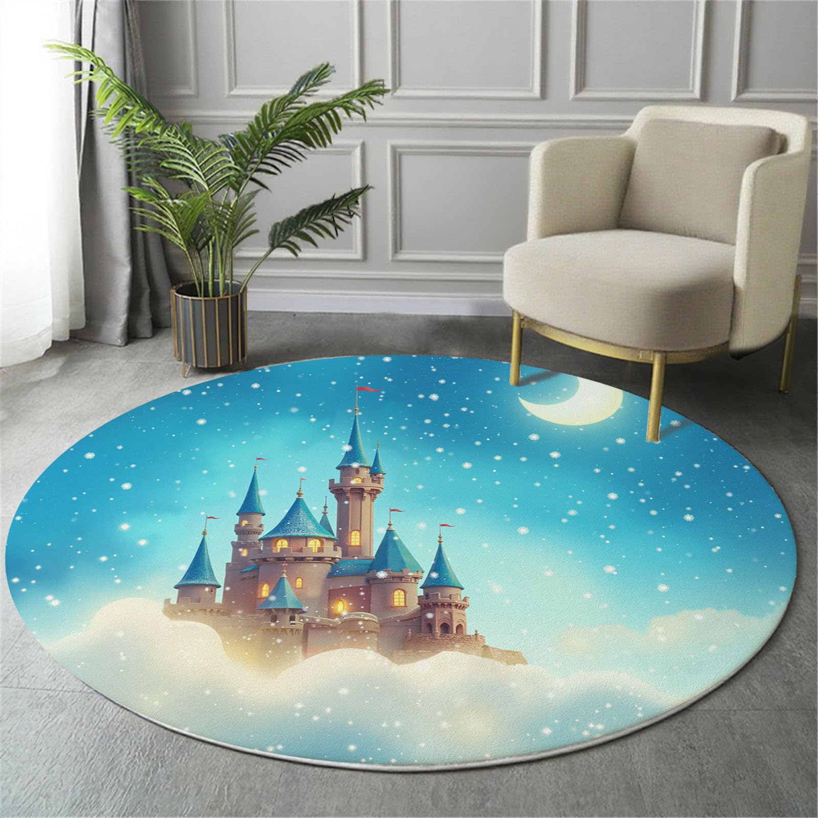 Tapis pour Enfant Rond 120cm - Tapis Doux et Douillet - pour Salon - Tapi pour Filles - Chambre à Coucher - Chambre d'enfant - Tapi Fin - Thème des rêves Château, étoiles et Lune