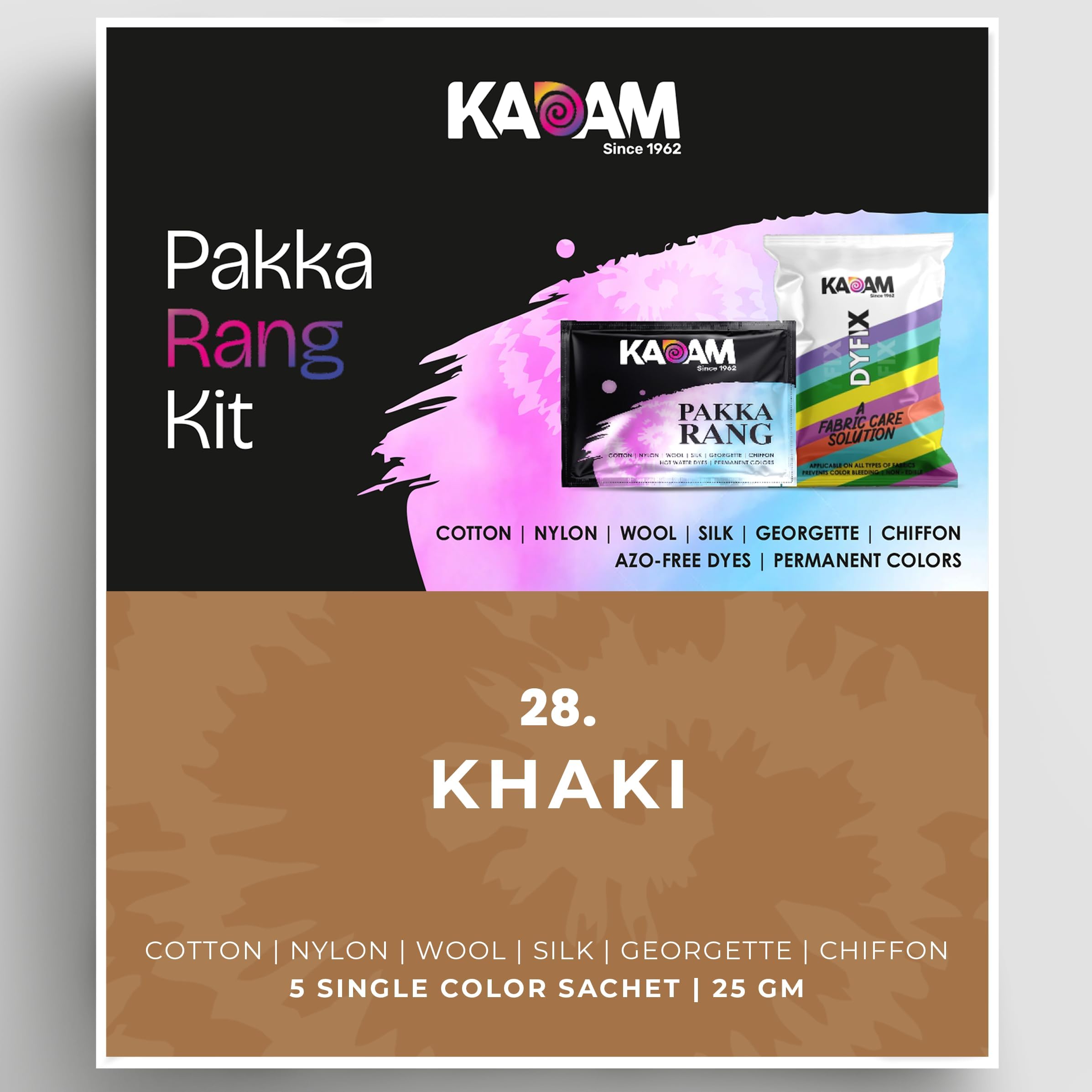 Kadam Pakka Rang Fabric Dye Colour | 25g Pack | Includes DyFix Color Fixer | Permanent Fabric Dyes for Old Faded Jeans and Clothes (Khaki)