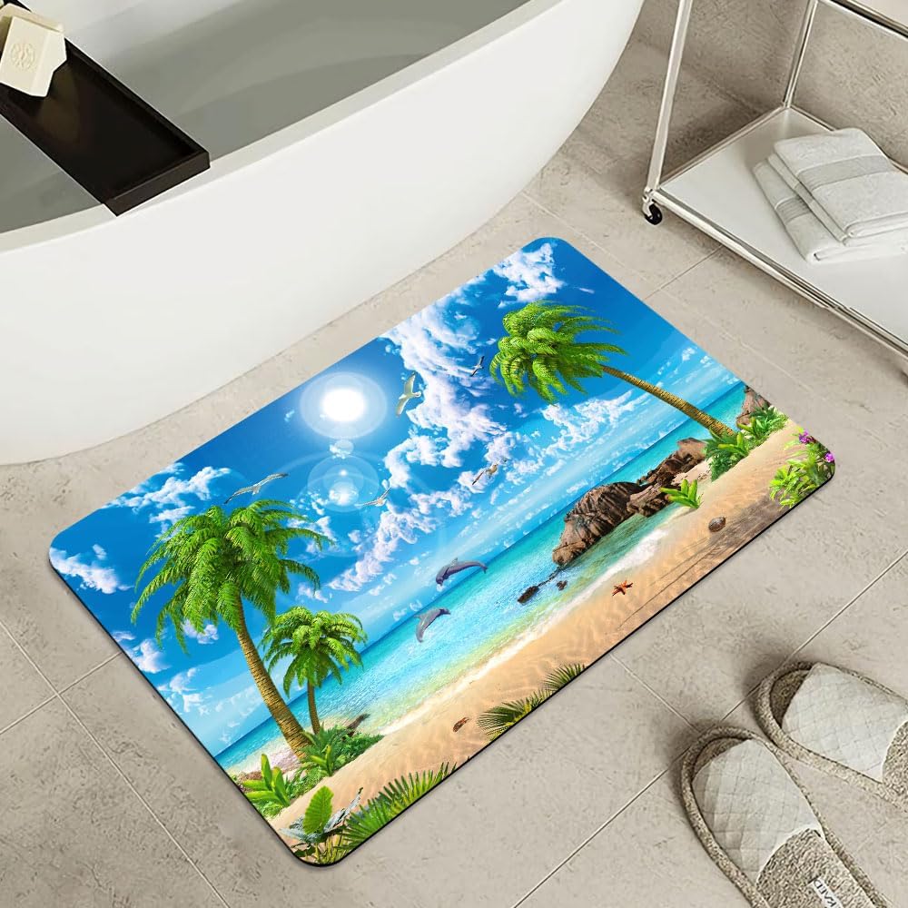Bath Mat-Bathroom Rug，Summer Coconut Beach Dolphins-Absorbent Non Slip Quick Dry Stain Resistant Easy to Clean Care Shower Rug for Bathtub Shower Room 16×24Inch (40 * 60cm)