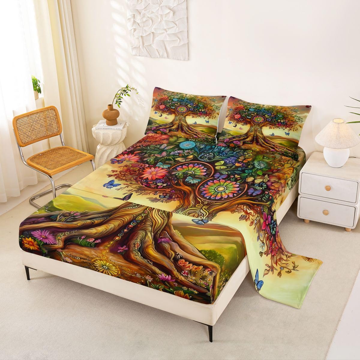 Homewish Kolorowe drzewo wzór podwójne płaskie prześcieradło z gumką boho natura botaniczny styl prześcieradła głęboka kieszeń 16 cali (40 cm), kwiatowy zestaw pościeli botanicznych zachód słońca