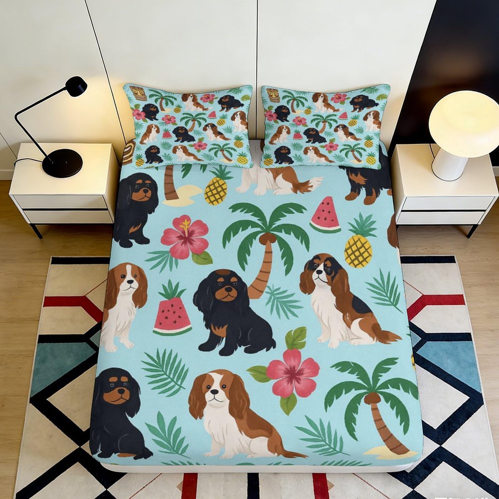 Jwndfkpvxzgl Style-5 3D Printed Cavalier King Charles Spaniel Fitted Sheet Microfiber Tropical Palm Leaves Bed Cover For Bedroom Guest Room 90X200x25cm