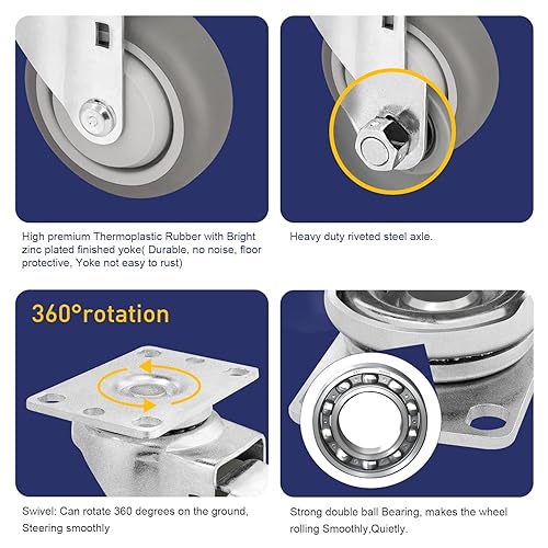Miniatura 3 de SY America 3.5" 4 Pack Plate Caster, Thermoplastic Light Heavy Duty Rubber Gray Swivel Caster, Top Plate Casters, 1200 lbs Total Capacity
