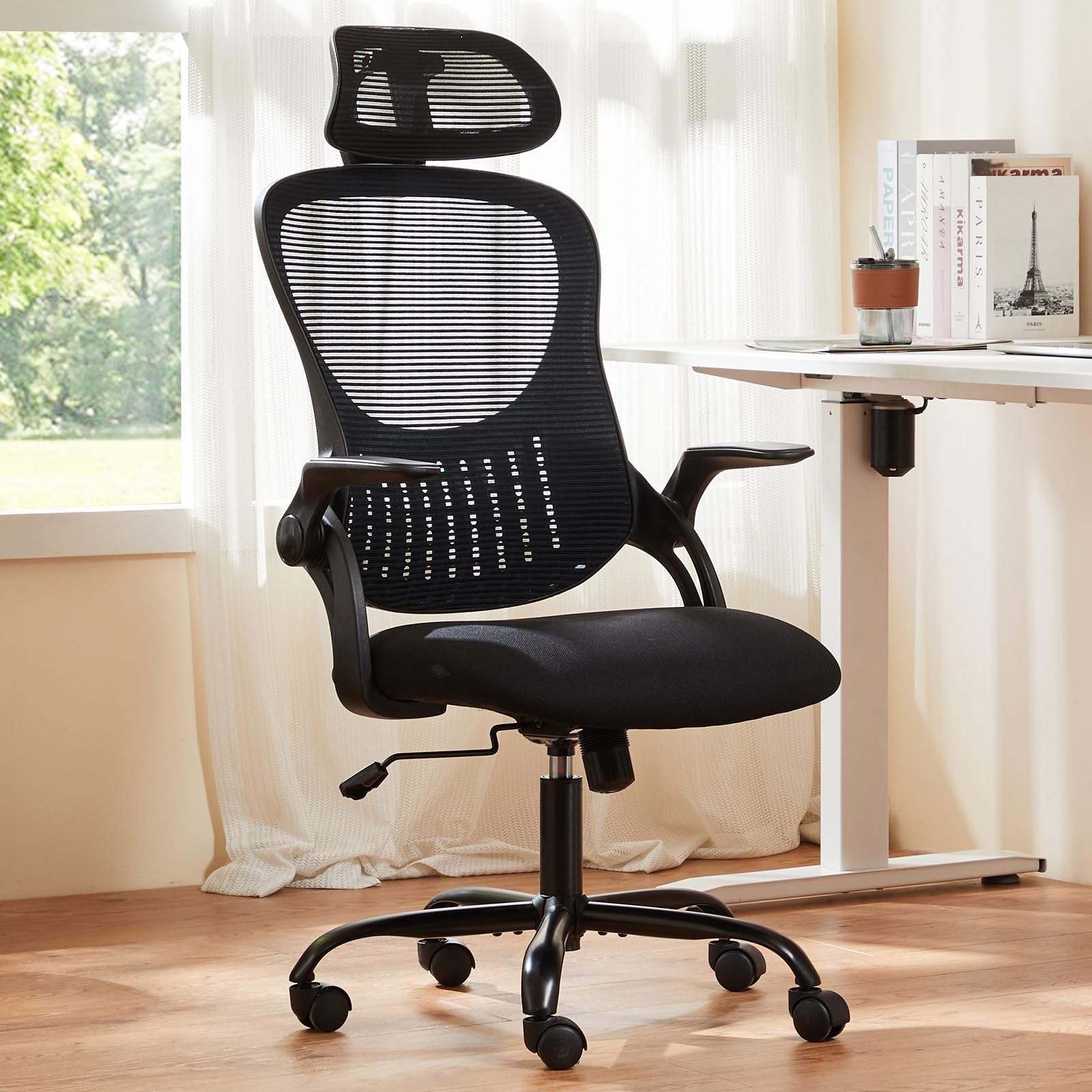 Sweetcrispy Home Office Managerial Executive Chair, High-Back Mesh with Adjustable Headrest, Flip-up Armrest Comfortable Lumbar Support, Comfy Arms