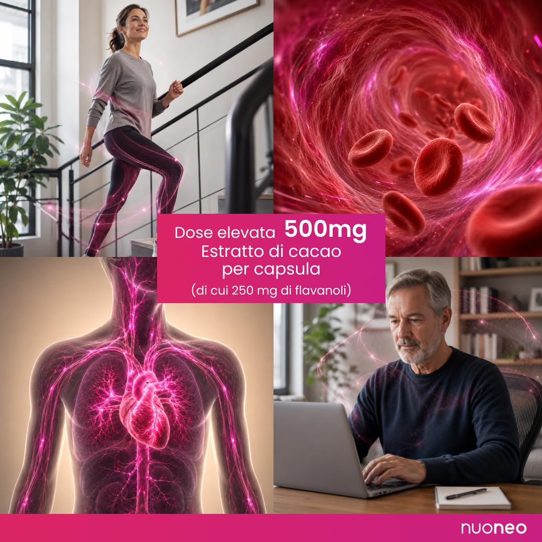 Flavonoli del cacao 250 mg con 22,5 mg di epicatechina per capsula – Flavonoidi del cacao 120 capsule – Bioflavonoidi – Supporta l'elasticità vascolare e la circolazione sanguigna – nueneo