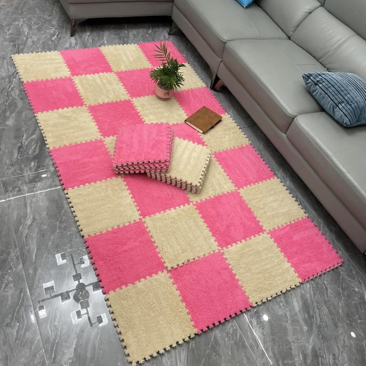 Plush Interlocking Carpet Tiles 10pcs Fluffy Plush Foam Floor Mat, Interlocking Carpet Tiles DIY Cuttable Square Puzzle Floor Mats(Apricot+Rose Red)