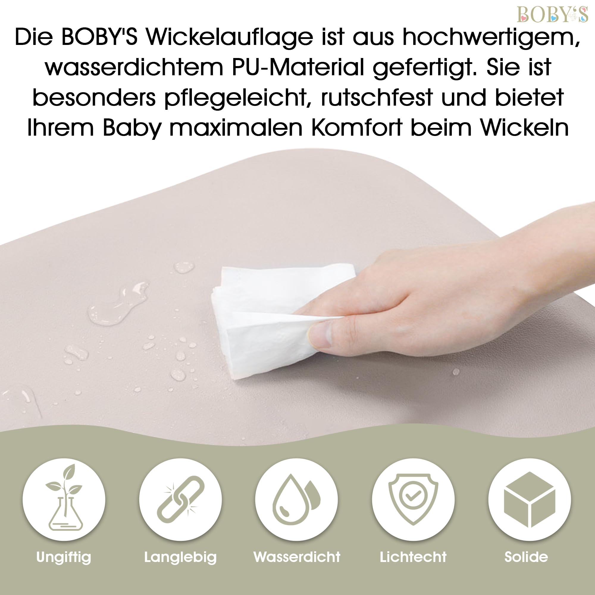 BOBY’S Wickelauflage Baby aus PU-Schaum mit Sicherheitsgurt – rutschfest & abwaschbar, Anti-Roll Design, für Wickeltisch & Kommode, hygienisch, ca. 72,5 × 35,8 cm