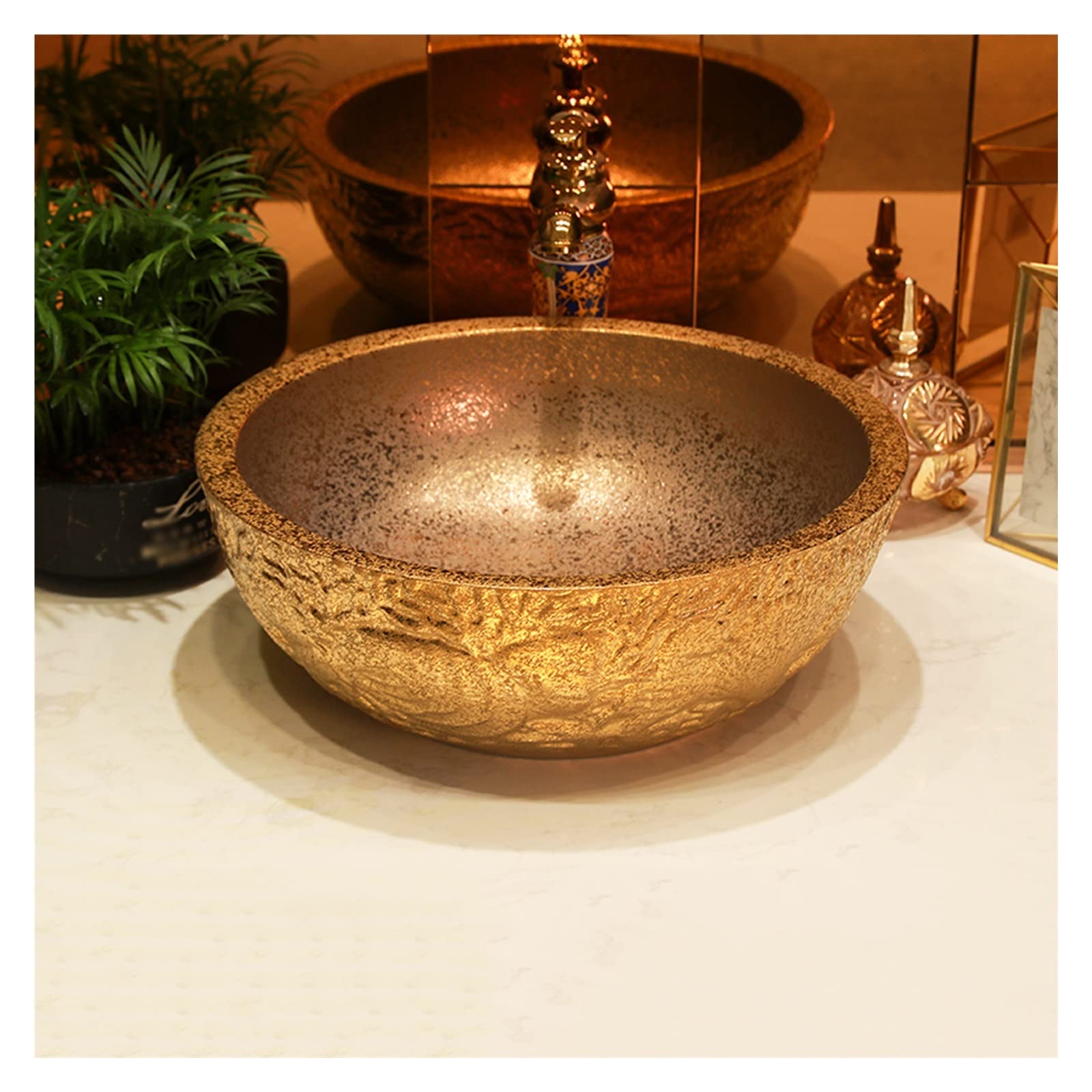 WOTZOV Round Vessel Sink,Modern Bathroom Artistic Porcelain Vessel Bowl With Faucet Pop-Up Drain,Gold Silver