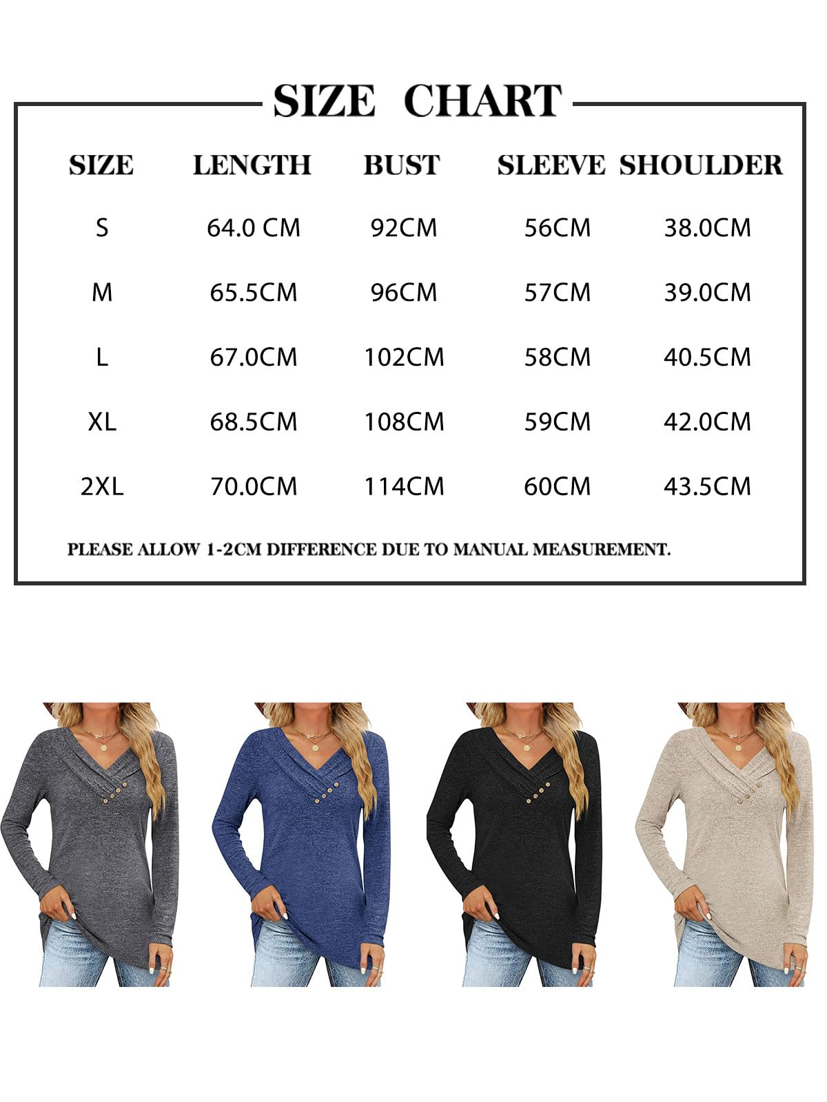 Damska koszulka z długim rękawem, dekolt w kształcie litery V, długi rękaw, elegancka, na jesień, basic, tunika, t-shirty, guziki, bluzki na co dzień
