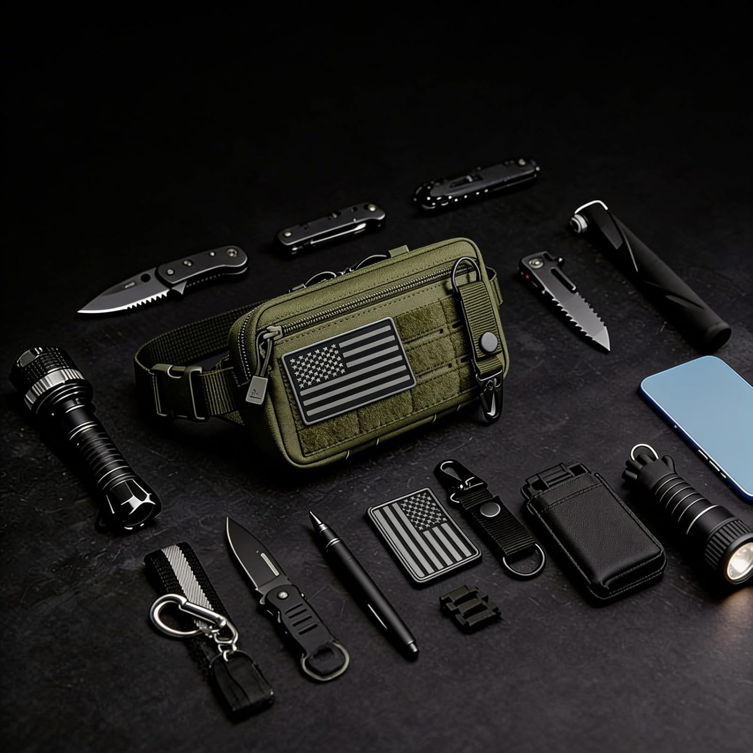 Tactical Molle Pouch,EDC Tool Pouch with Belt and D Ring US Flag Patch Keychain Utility Laser Cut