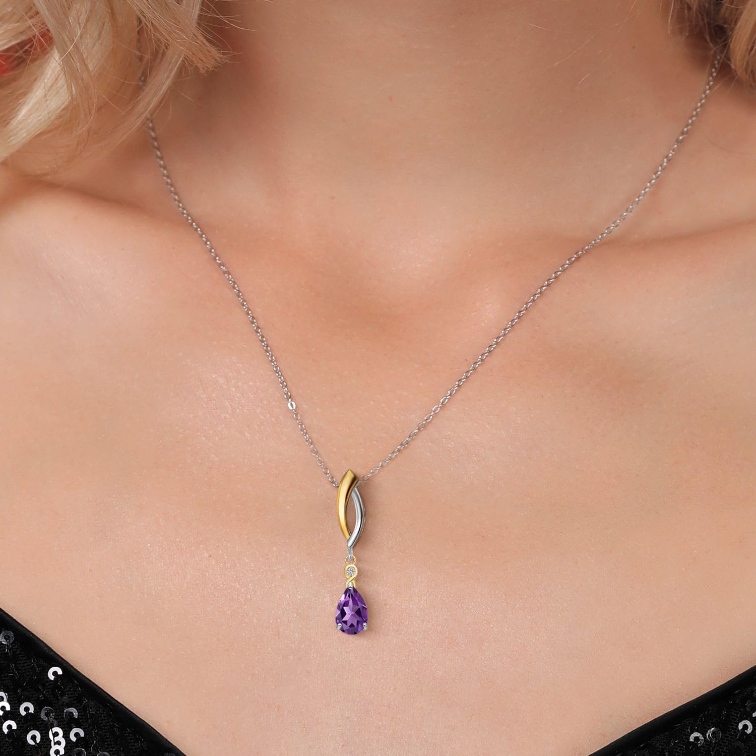 Gem Stone King 925 Silver and 10K Yellow Gold 8X5MM Pear Shape Gemstone Birthstone and White Lab Grown Diamond Pendant Necklace for Women | With 18 Inch Chain