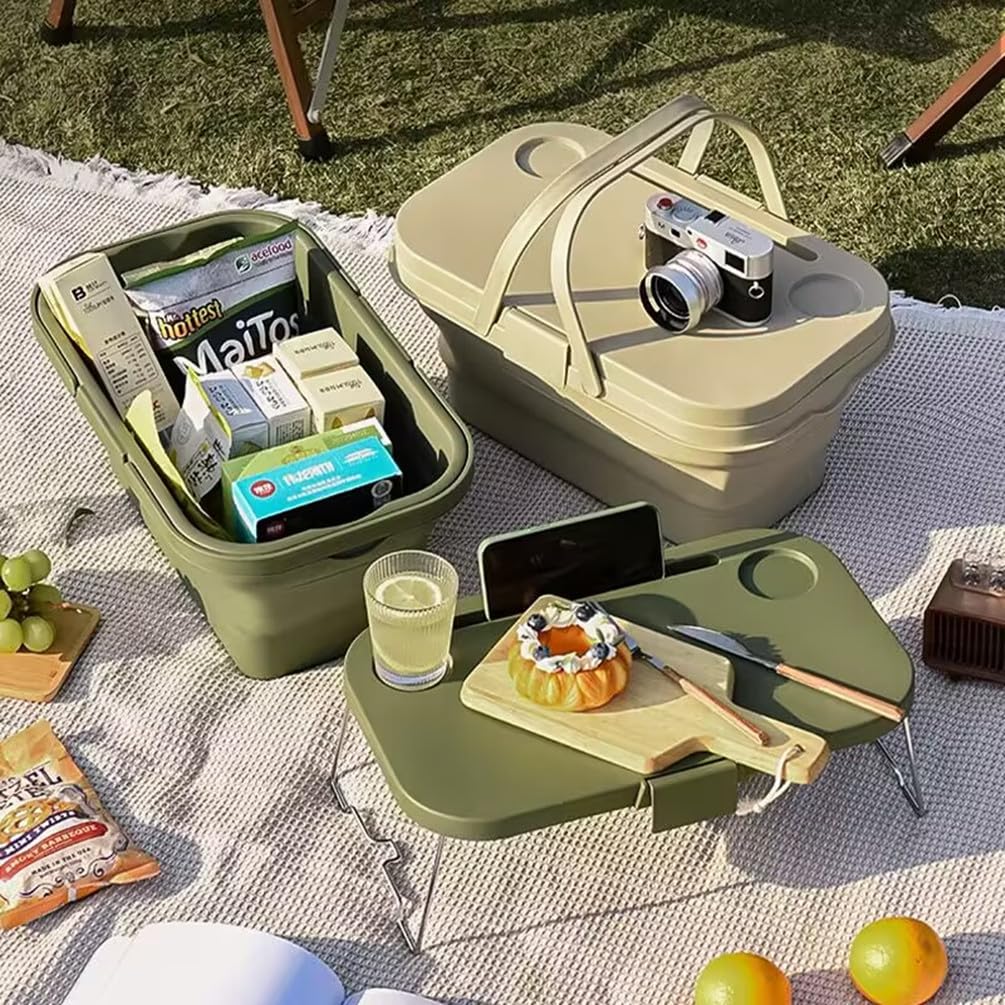 Beolur PicnicPro 2-in-1 Foldable Basket & Table – Lightweight Collapsible Portable Storage Organizer, Fold Flat Design with Carrying Handle for Picnic Beach Camping Outdoor & Home Storage