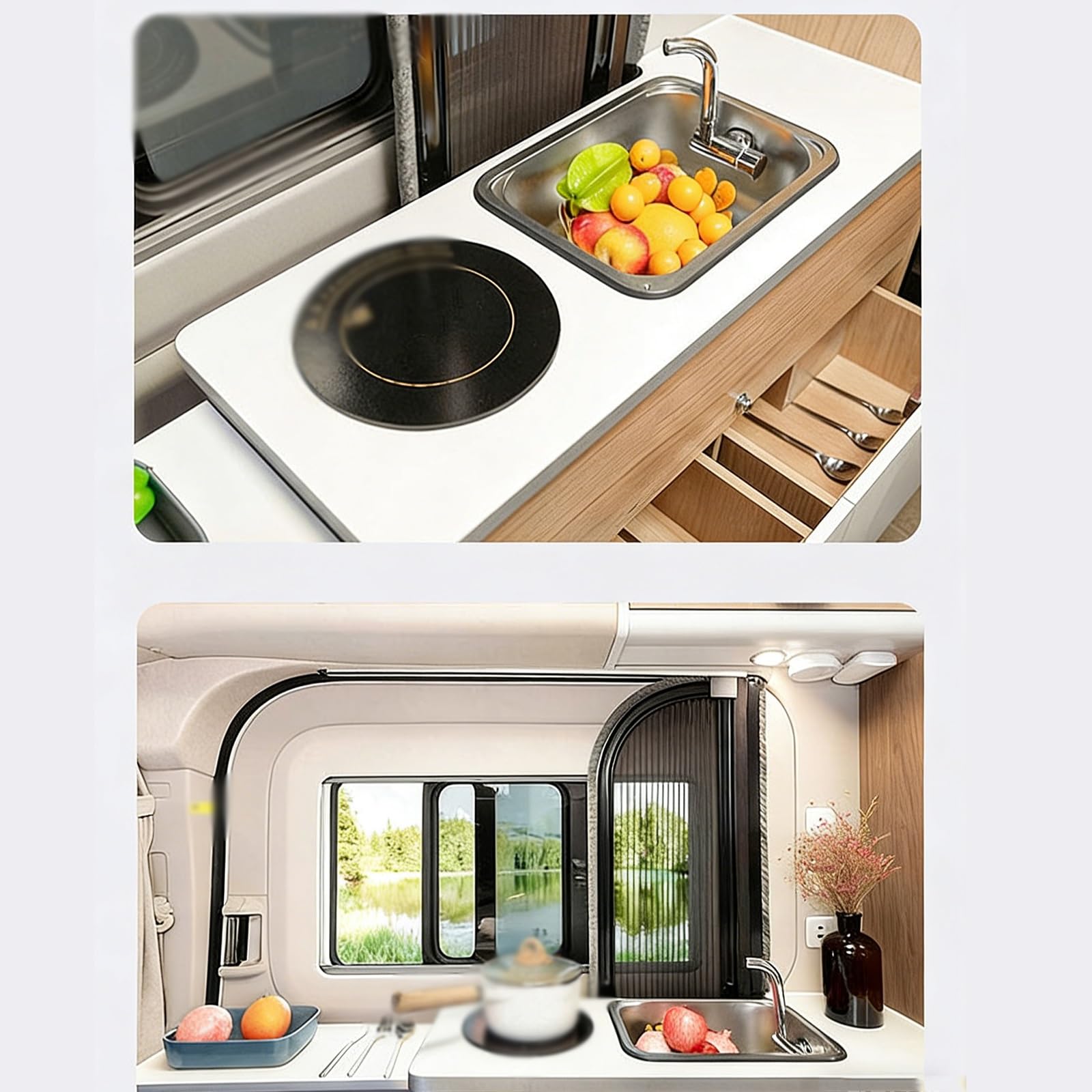 Fregadero Camper con Tapa, Fregadero Portatil Camping con Grifo Plegable, Lavabo Caravana de Acero Inoxidable 304, Fregaderos de Cocina, Ideal para Caravanas, Autocaravanas