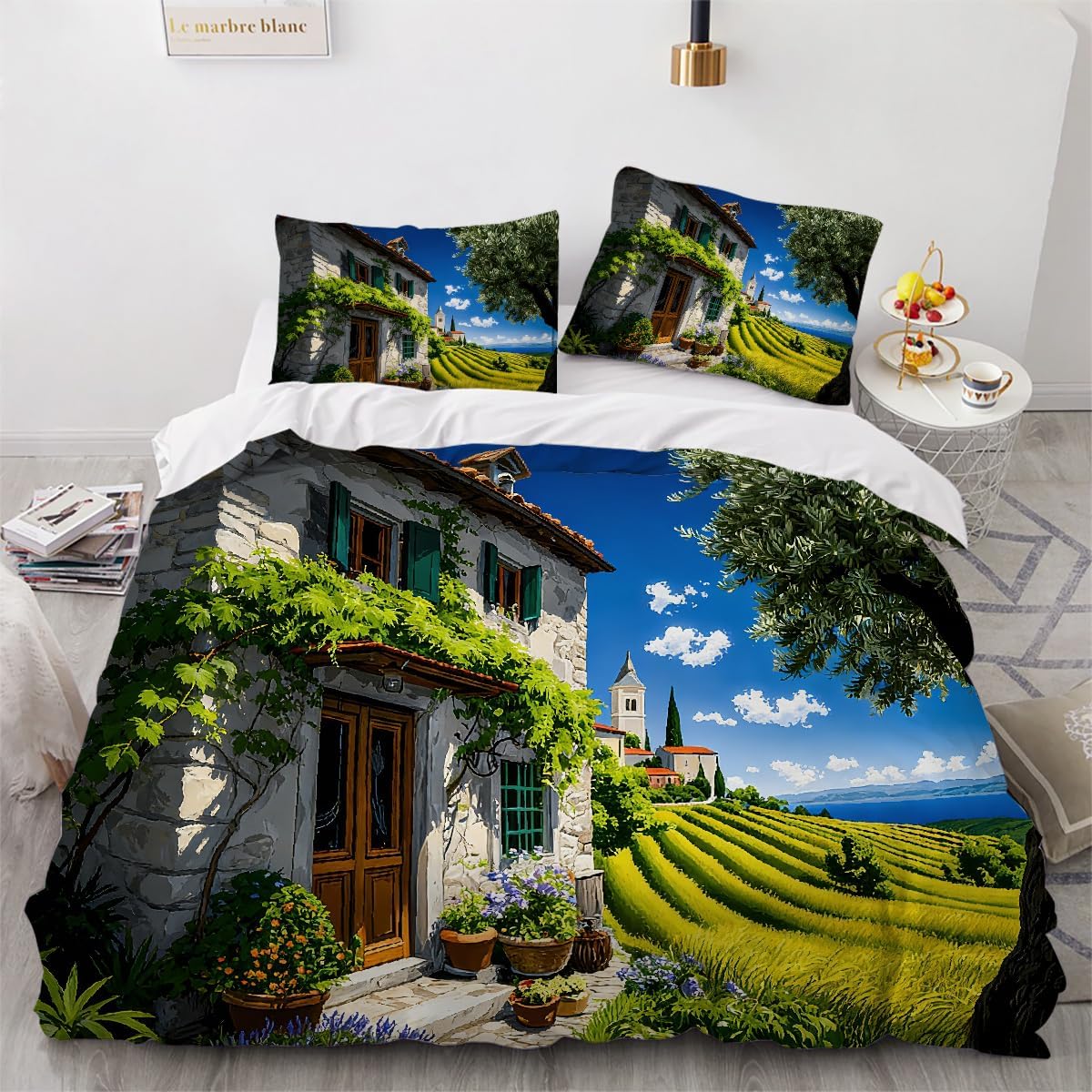 Duvet Cover Bedset 3D Microfiber Bedspread Twin House Tree Printed Bedding Set Rural Summer Landscape Duvet Cover Set for Kids Boys Girls Adults 3 Pieces(1 Duvet Cover 2 Pillowcase)