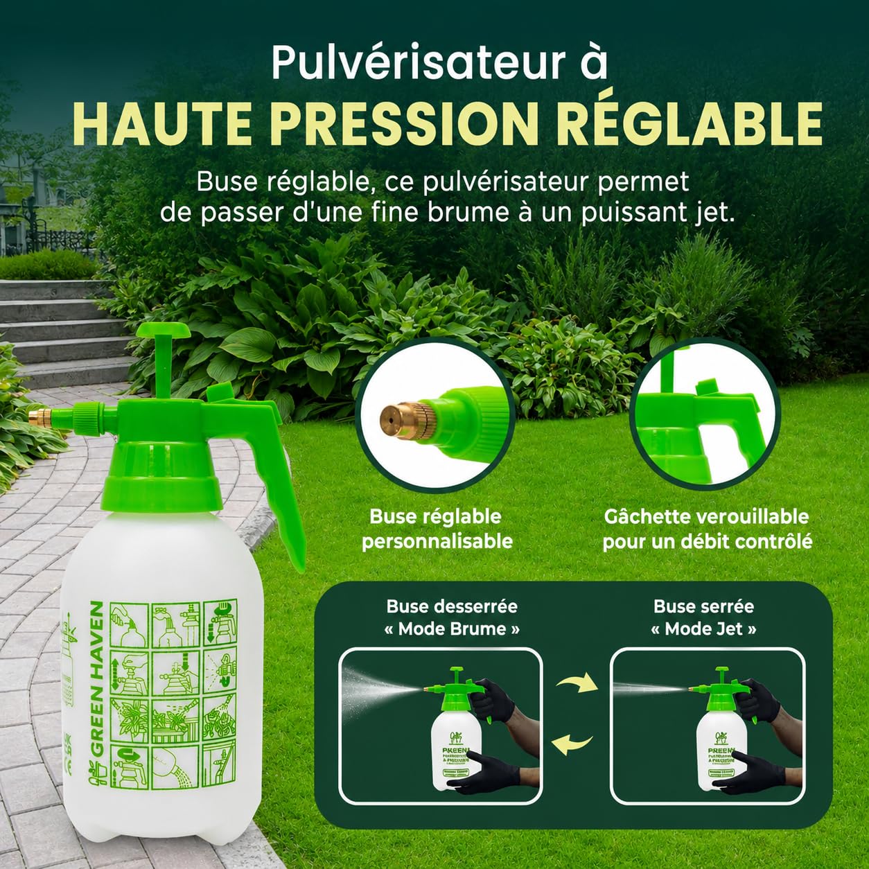 Green Haven Pulvérisateur à Pompe de 2 litres - Pulvérisateur à Pompe avec Sangle de Transport réglable - Pulvérisateur Haute Pression pour désherbant, pesticides, fongicides et Nettoyage