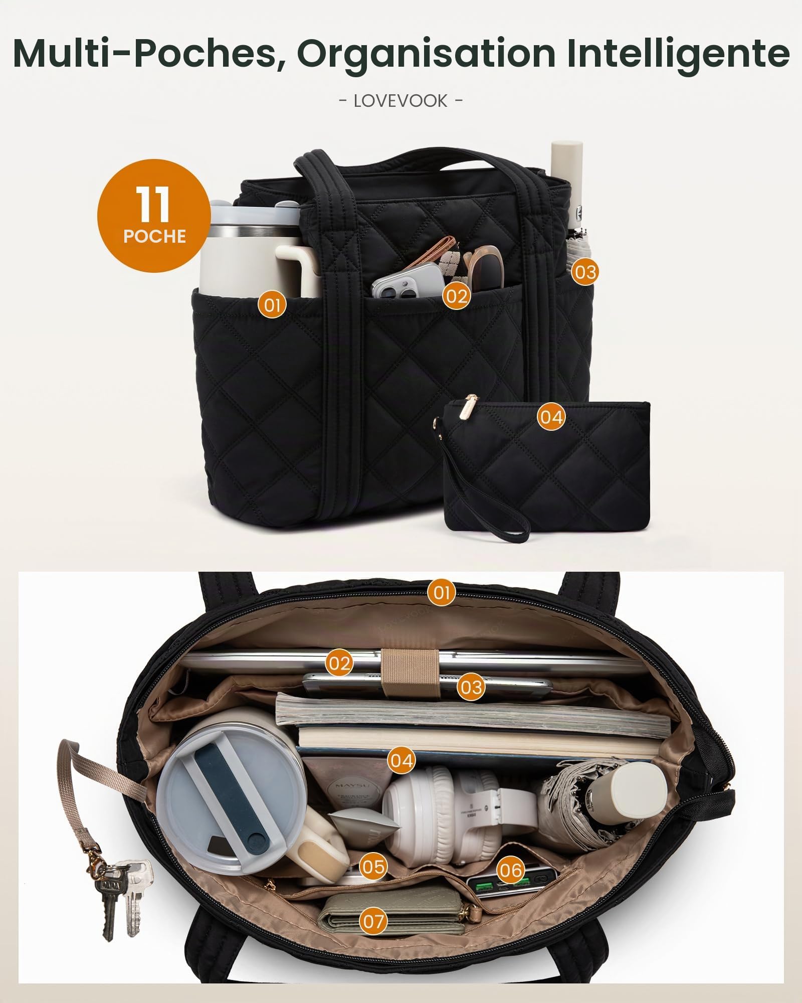 LOVEVOOK Sac à main léger pour ordinateur portable - Pour femme - Grand sac de shopping - Sac de travail - Sac à bandoulière - Sac fourre-tout