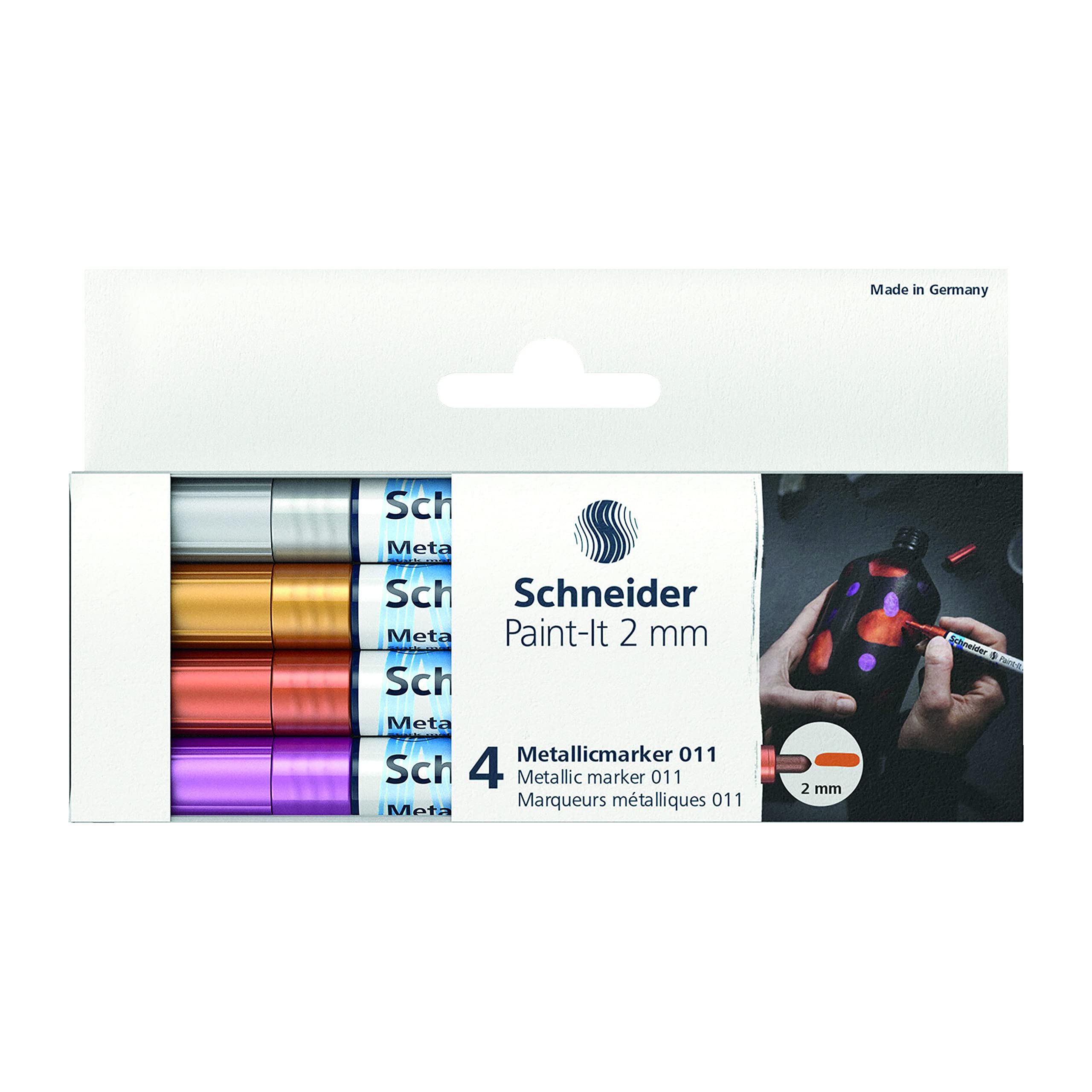 Schneider Paint-It 011 Metallic-Marker, 2 mm, Brieftasche, 4 Stück, verschiedene Farben (ML01111501)