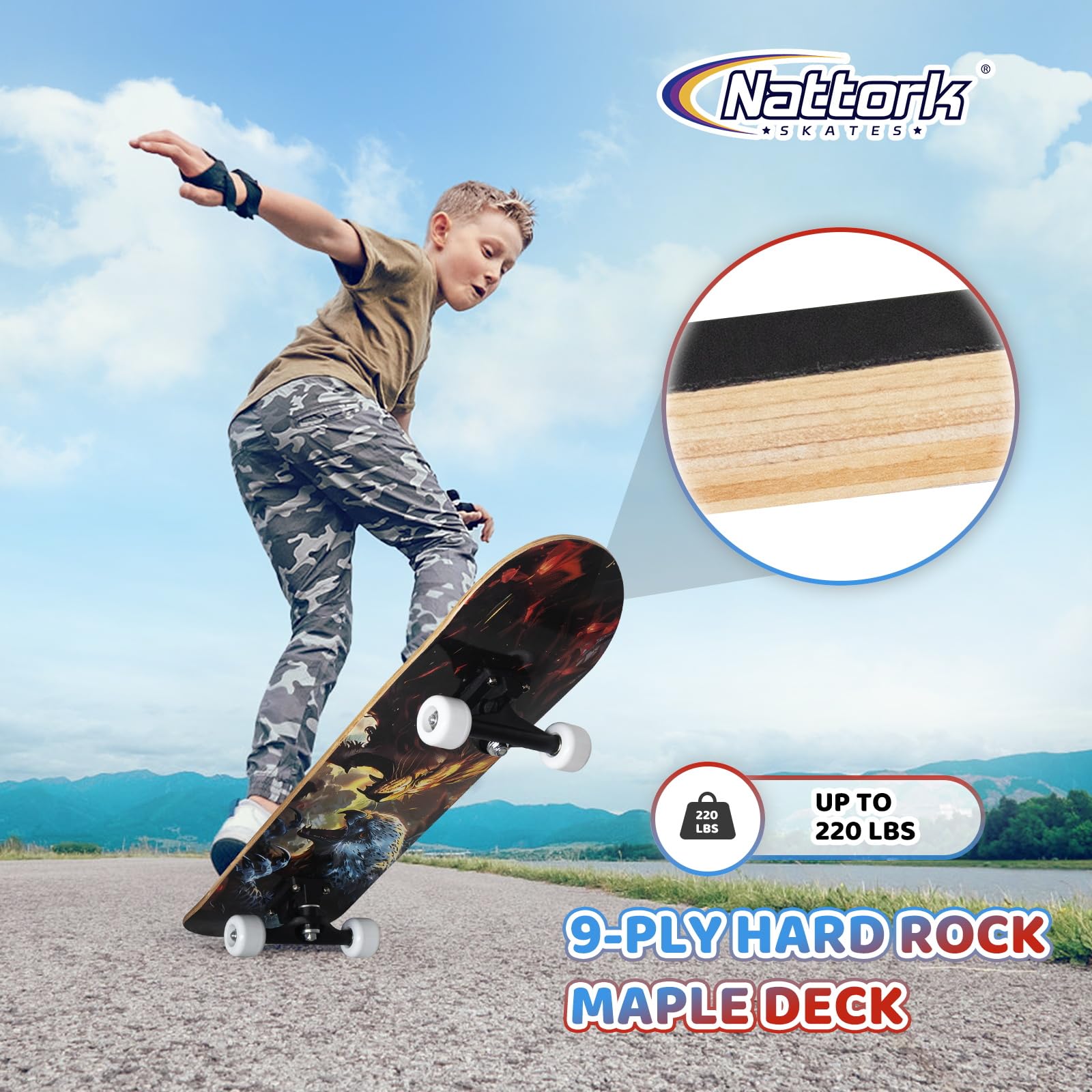 Nattork 31-Inch Complete Skateboard – 9-Ply Canadian Maple Deck with Checkerboard Design, Ideal for Beginners and Teens of All Ages