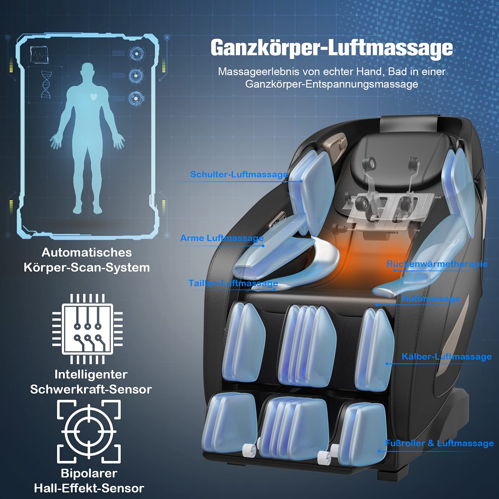 COSTWAY Elektryczny fotel do masażu Shiatsu na całe ciało, Zero Gravity krzesło do masażu z 32 poduszkami powietrznymi, ogrzewaniem Bluetooth, fotel relaksacyjny, regulowany, 12 programów (czarny)