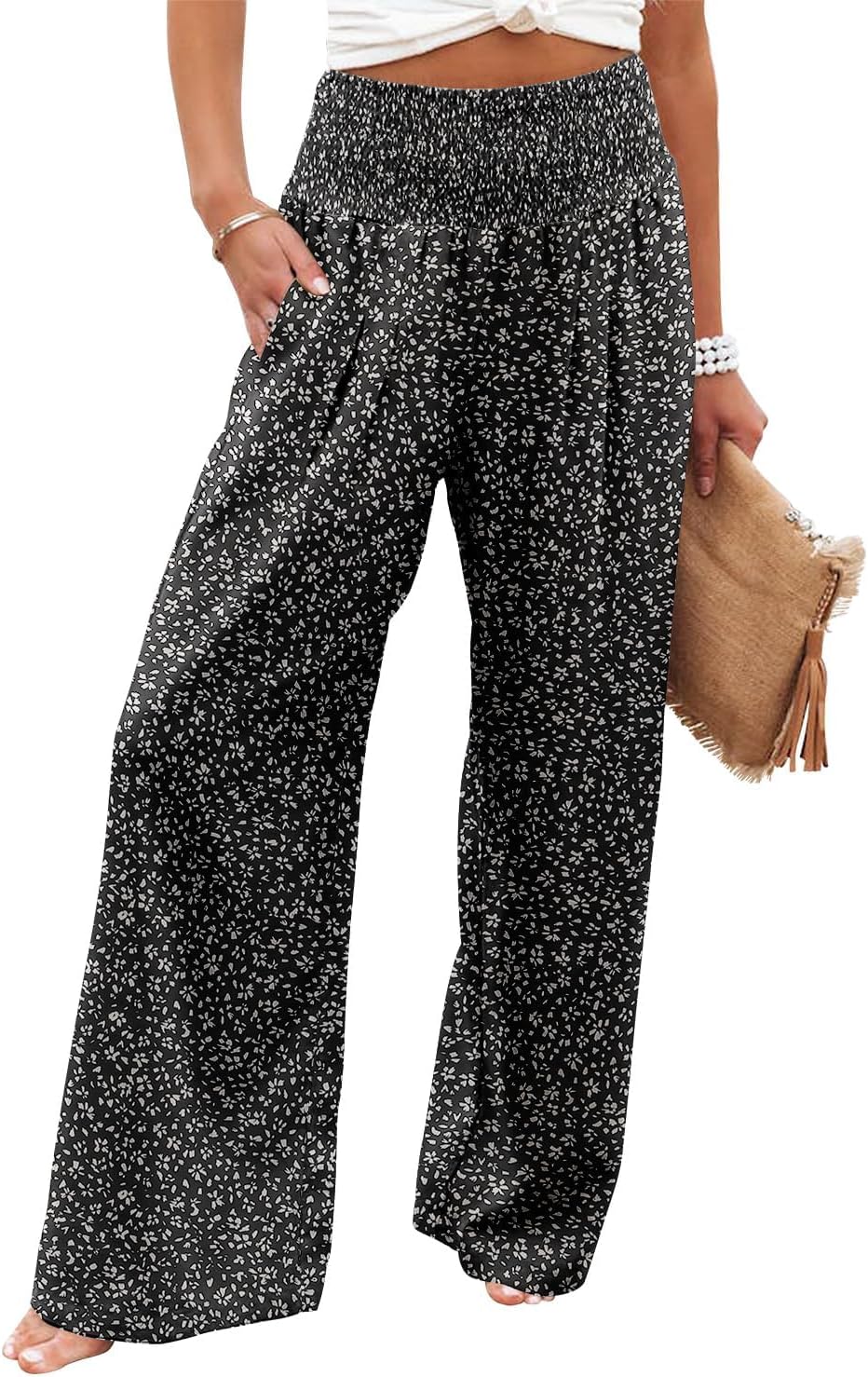 Womens Elastic High Waisted Palazzo Pants Casual Wide Leg Long Lounge Pant Trousers with Pocket Medium Color1