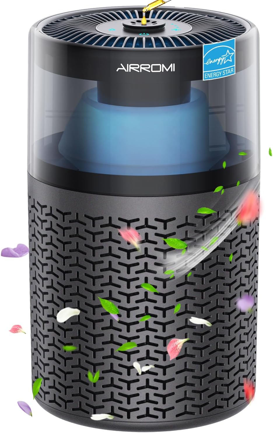 AIRROMI Pet Air Purifier for Home & Bedroom, HEPA Activated Carbon Filter, Removes Pet Dander & Odor, Allergies, Smoke, Hair, Night Light, Fragrance Sponge, Up to 658 ft², A2002 Grey product image