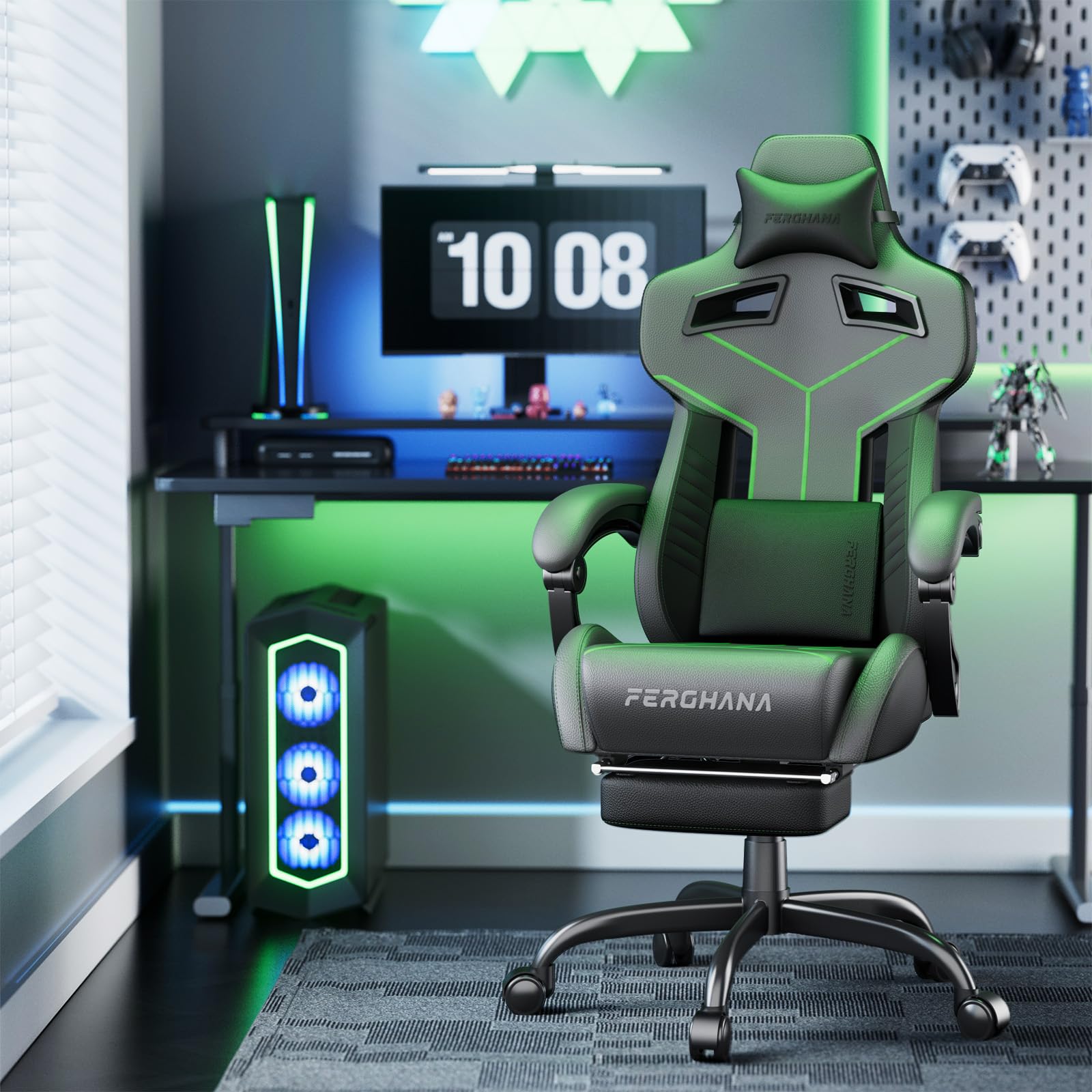 Sedia Da Gaming Ferghana Ergonomica - Con Poggiapiedi, Poggiatesta, Regolabile, Pelle PU, Blu, Fino 150 Kg - Foto 4